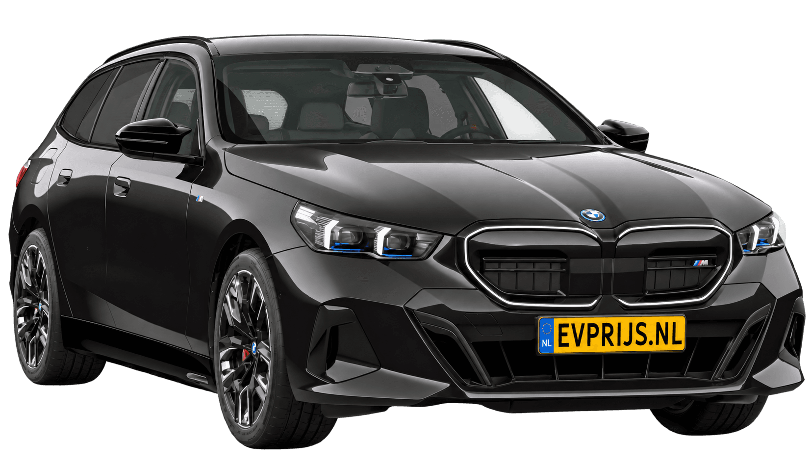 AI-bewerking (Imagegen) van officieel BMW Nederland-configuratorbeeld: i5 Touring M60 xDrive voor-/zijaanzicht in Saphirschwarz metallic (configuratie BMW i5 M60 xDrive Touring BMW M model(len)); velgen en details kunnen per uitvoering afwijken, beeld 5