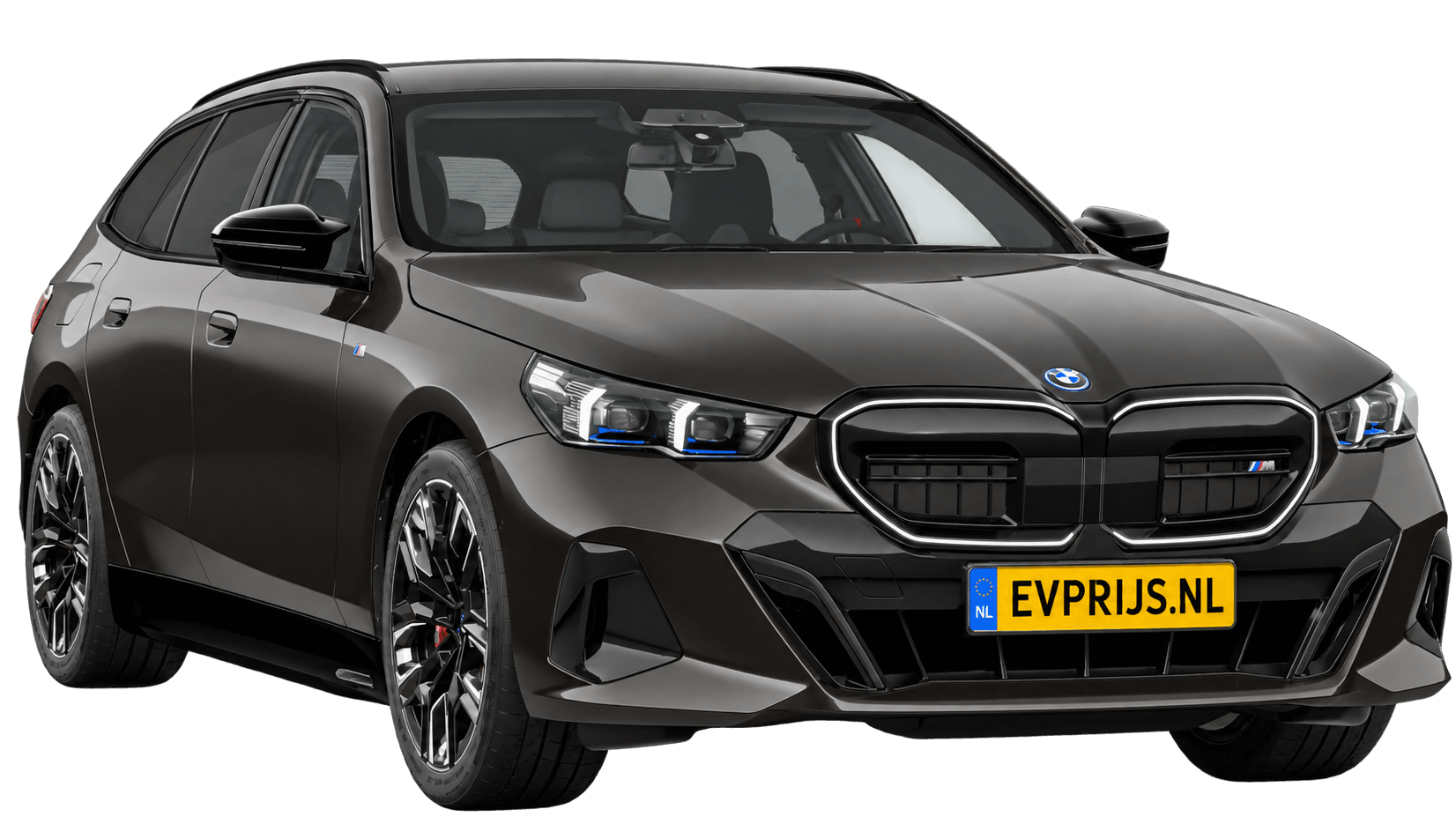 AI-bewerking (Imagegen) van officieel BMW Nederland-configuratorbeeld: i5 Touring M60 xDrive voor-/zijaanzicht in Sophistograu Brillianteffect metallic (configuratie BMW i5 M60 xDrive Touring BMW M model(len)); velgen en details kunnen per uitvoering afwijken, beeld 6