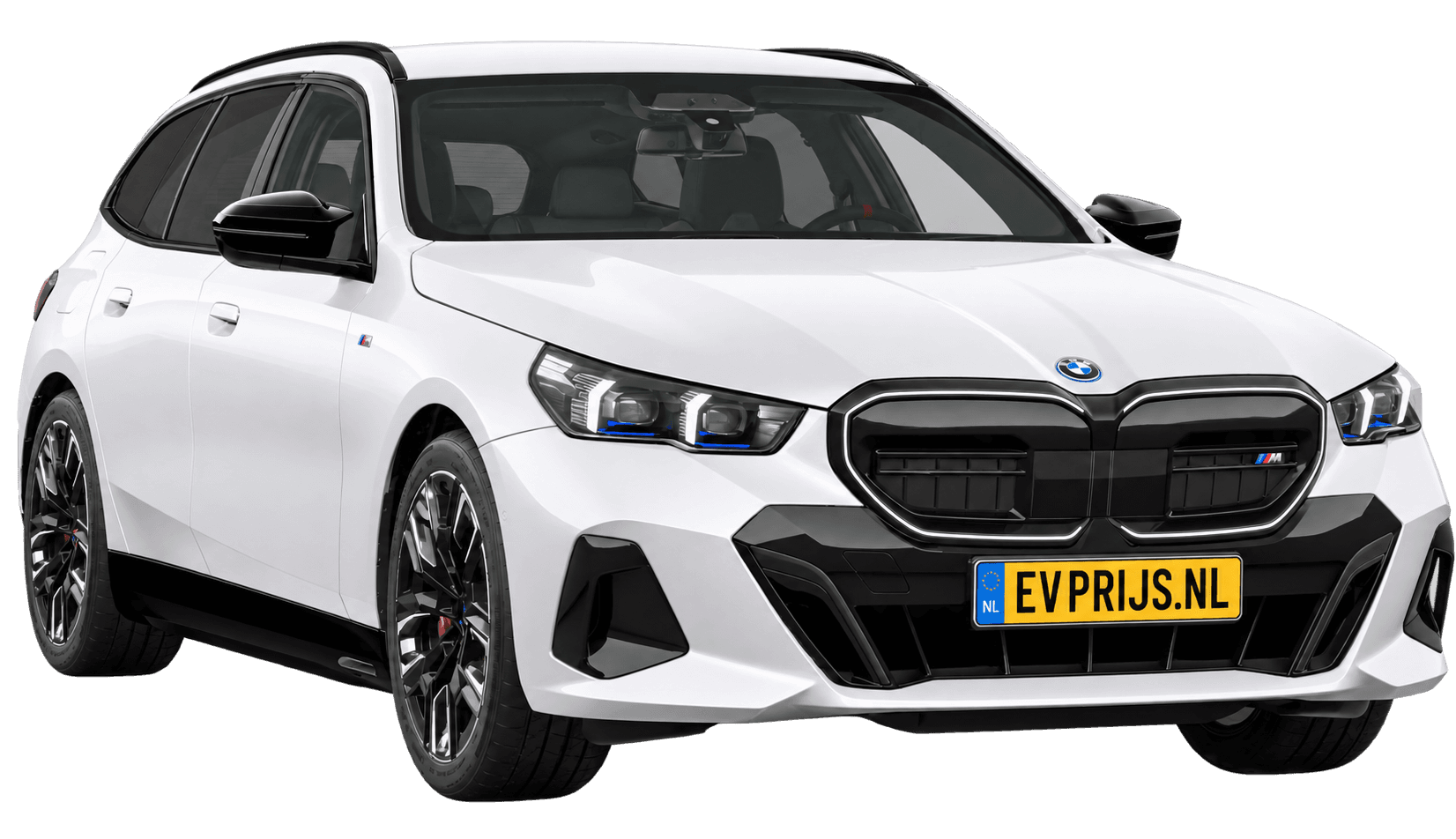 AI-bewerking (Imagegen) van officieel BMW Nederland-configuratorbeeld: i5 Touring M60 xDrive voor-/zijaanzicht in Mineralweiss metallic (configuratie BMW i5 M60 xDrive Touring BMW M model(len)); velgen en details kunnen per uitvoering afwijken, beeld 7