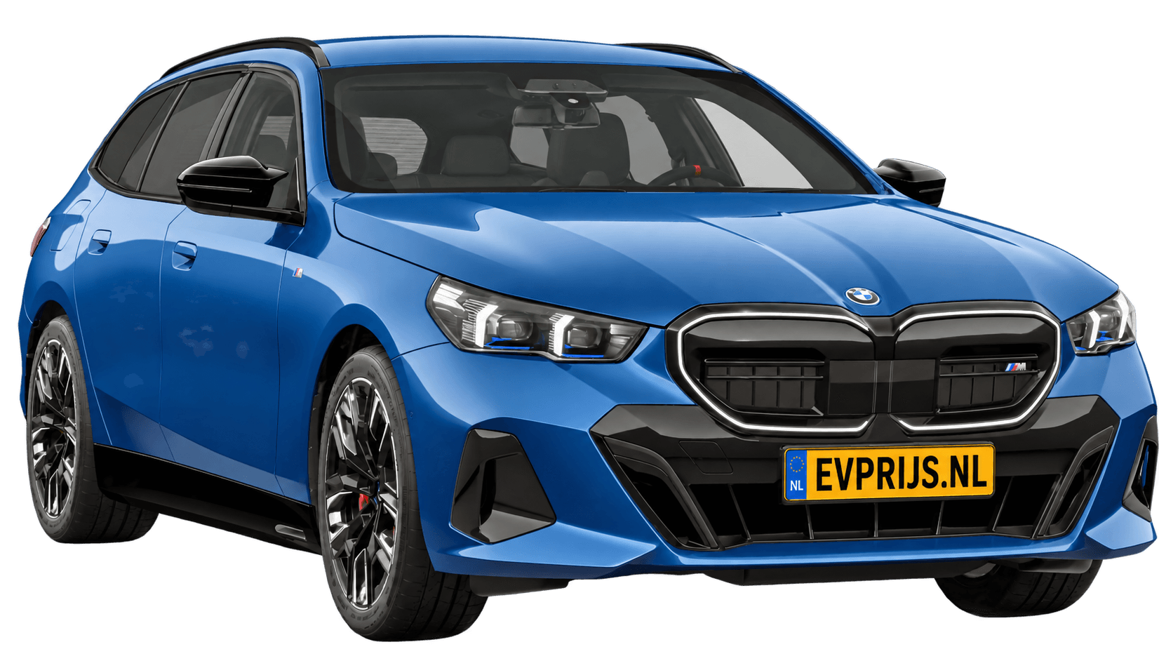 AI-bewerking (Imagegen) van officieel BMW Nederland-configuratorbeeld: i5 Touring M60 xDrive voor-/zijaanzicht in Phytonicblau metallic (configuratie BMW i5 M60 xDrive Touring BMW M model(len)); kleurverzadiging kan afwijken; velgen en details kunnen per uitvoering afwijken, beeld 8