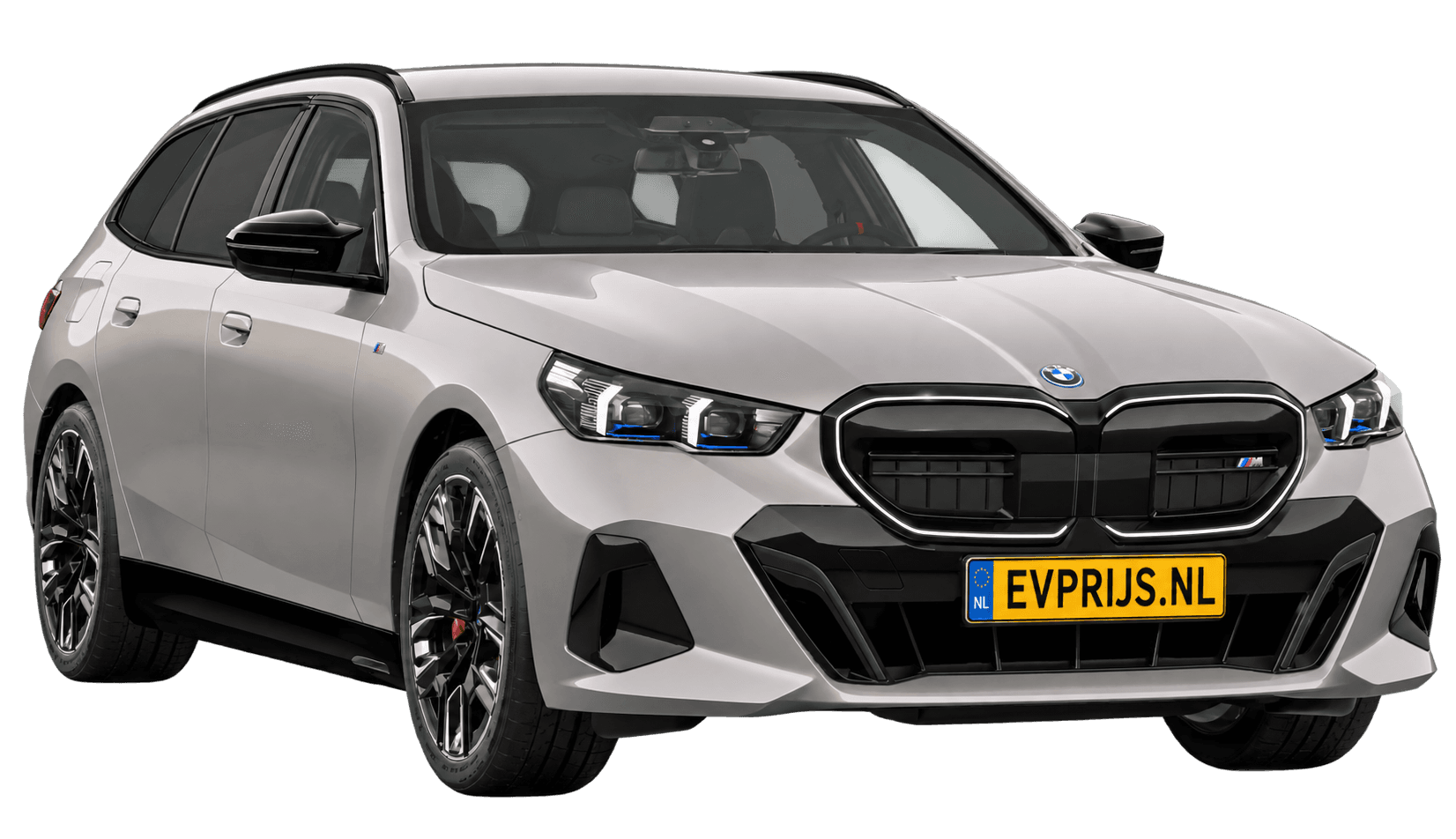 AI-bewerking (Imagegen) van officieel BMW Nederland-configuratorbeeld: i5 Touring M60 xDrive voor-/zijaanzicht in Oxidgrau metallic (configuratie BMW i5 M60 xDrive Touring BMW M model(len)); velgen en details kunnen per uitvoering afwijken, beeld 9