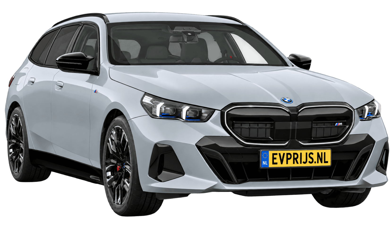 AI-bewerking (Imagegen) van officieel BMW Nederland-configuratorbeeld: i5 Touring M60 xDrive voor-/zijaanzicht in Brooklyn Grau (configuratie BMW i5 M60 xDrive Touring BMW M model(len)); velgen en details kunnen per uitvoering afwijken, beeld 1