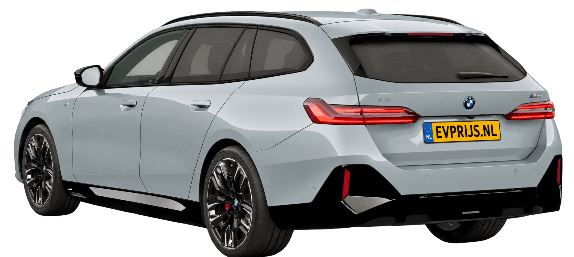 AI-bewerking (Imagegen) van officieel BMW Nederland-configuratorbeeld: i5 Touring M60 xDrive achter-/zijaanzicht in Brooklyn Grau (configuratie BMW i5 M60 xDrive Touring BMW M model(len)); velgen en details kunnen per uitvoering afwijken, beeld 2