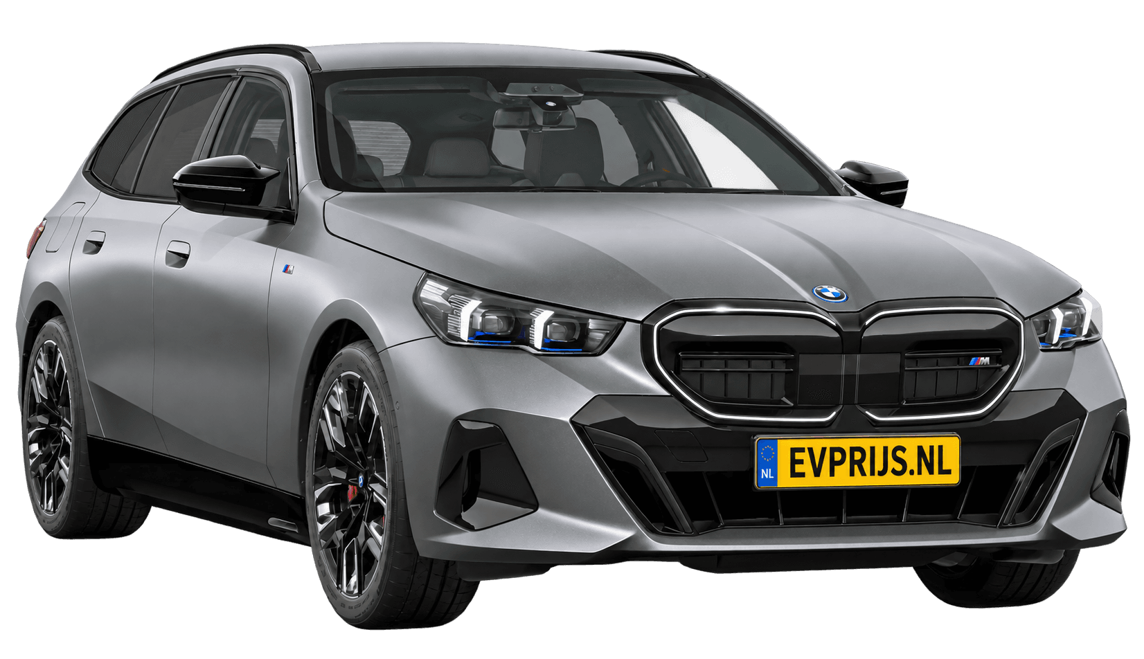 AI-bewerking (Imagegen) van officieel BMW Nederland-configuratorbeeld: i5 Touring M60 xDrive voor-/zijaanzicht in BMW Individual Frozen Pure Grey metallic (configuratie BMW i5 M60 xDrive Touring BMW M model(len)); velgen en details kunnen per uitvoering afwijken, beeld 13
