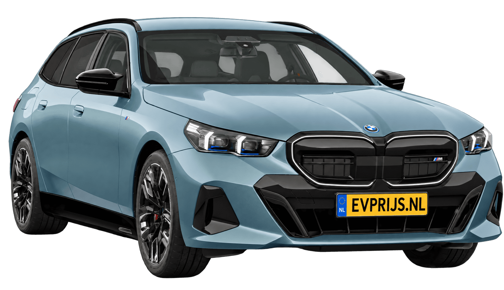 AI-bewerking (Imagegen) van officieel BMW Nederland-configuratorbeeld: i5 Touring M60 xDrive voor-/zijaanzicht in Cape York Green metallic (configuratie BMW i5 M60 xDrive Touring BMW M model(len)); velgen en details kunnen per uitvoering afwijken, beeld 10