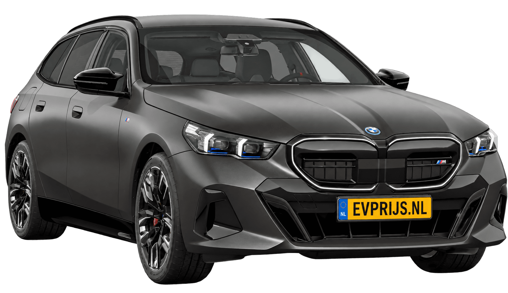 AI-bewerking (Imagegen) van officieel BMW Nederland-configuratorbeeld: i5 Touring M60 xDrive voor-/zijaanzicht in BMW Individual Frozen Deep Grey metallic (configuratie BMW i5 M60 xDrive Touring BMW M model(len)); velgen en details kunnen per uitvoering afwijken, beeld 14