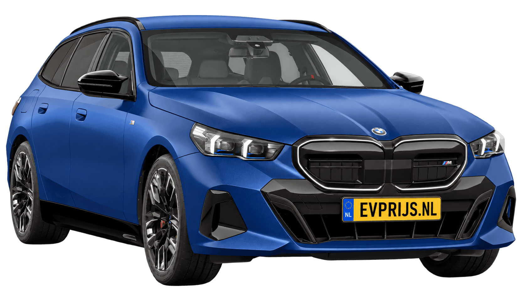 AI-bewerking (Imagegen) van officieel BMW Nederland-configuratorbeeld: i5 Touring M60 xDrive voor-/zijaanzicht in BMW Individual Frozen Portimao Blau metallic (configuratie BMW i5 M60 xDrive Touring BMW M model(len)); kleurverzadiging kan afwijken; velgen en details kunnen per uitvoering afwijken, beeld 15