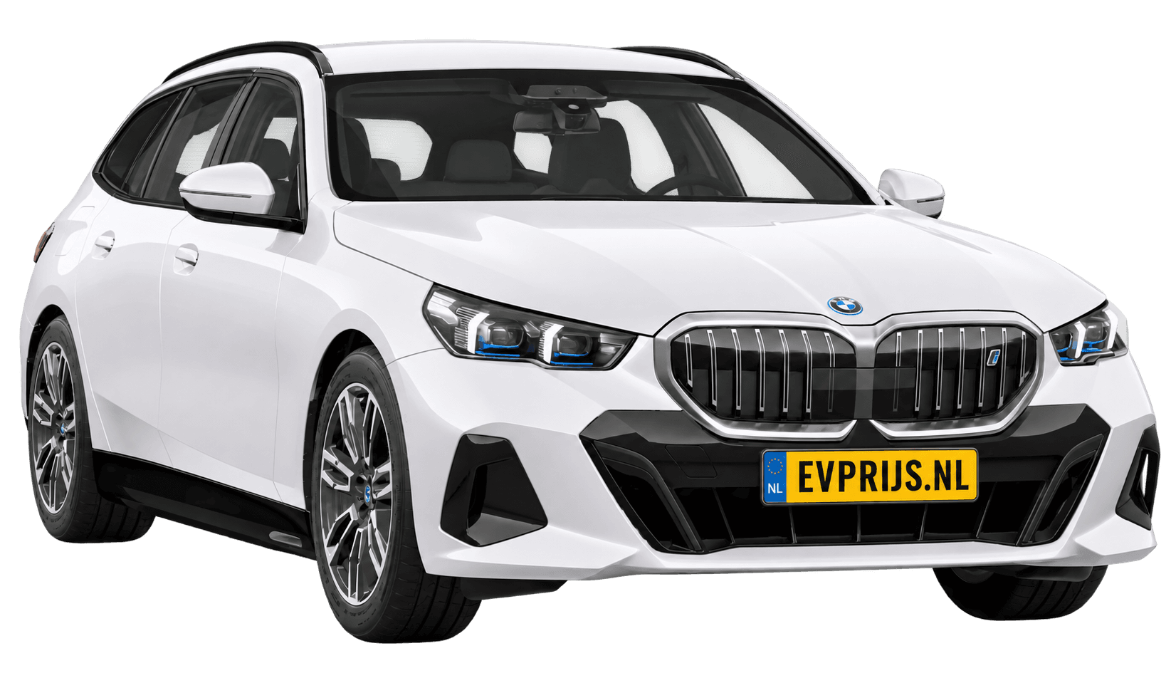 AI-bewerking (Imagegen) van officieel BMW Nederland-configuratorbeeld: i5 Touring M Sport Edition voor-/zijaanzicht in Alpinweiss (configuratie BMW i5 eDrive40 Touring M Sport Edition); velgen en details kunnen per uitvoering afwijken, beeld 3