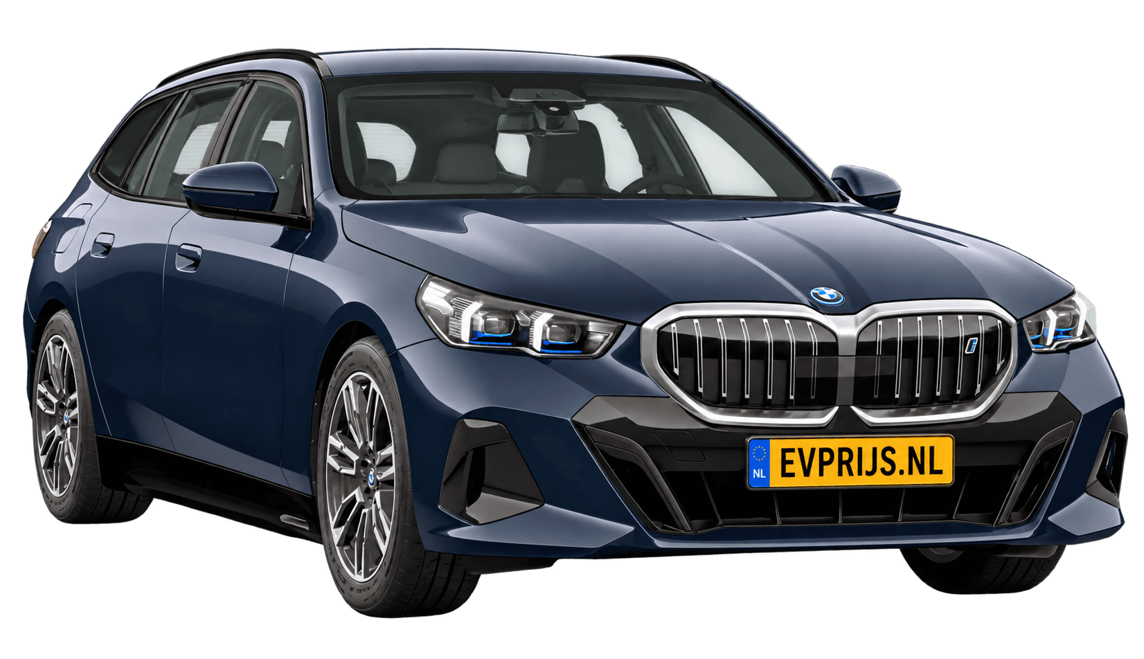 AI-bewerking (Imagegen) van officieel BMW Nederland-configuratorbeeld: i5 Touring M Sport Edition voor-/zijaanzicht in M Carbonschwarz metallic (configuratie BMW i5 eDrive40 Touring M Sport Edition); velgen en details kunnen per uitvoering afwijken, beeld 4