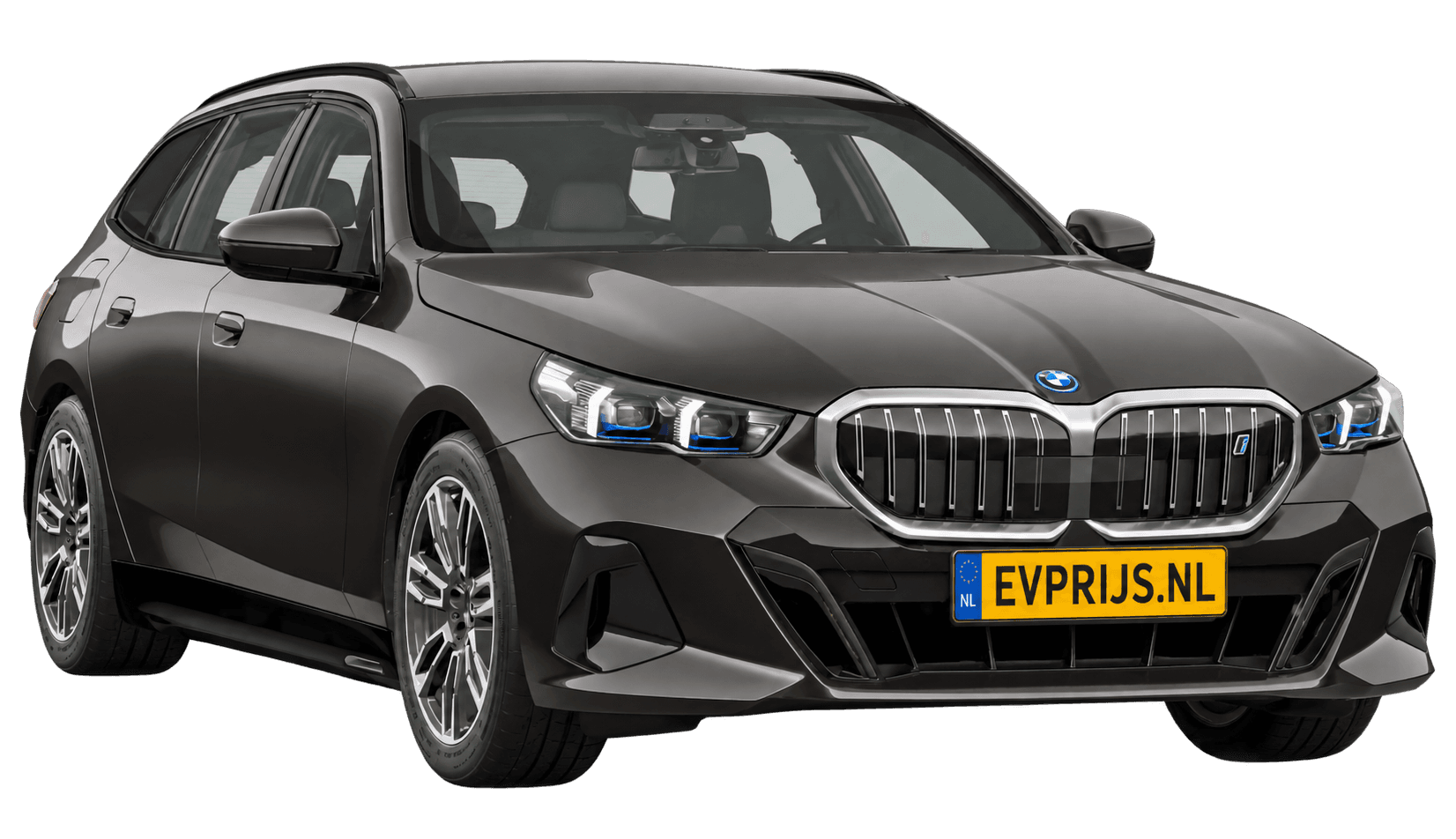 AI-bewerking (Imagegen) van officieel BMW Nederland-configuratorbeeld: i5 Touring M Sport Edition voor-/zijaanzicht in Sophistograu Brillianteffect metallic (configuratie BMW i5 eDrive40 Touring M Sport Edition); velgen en details kunnen per uitvoering afwijken, beeld 6