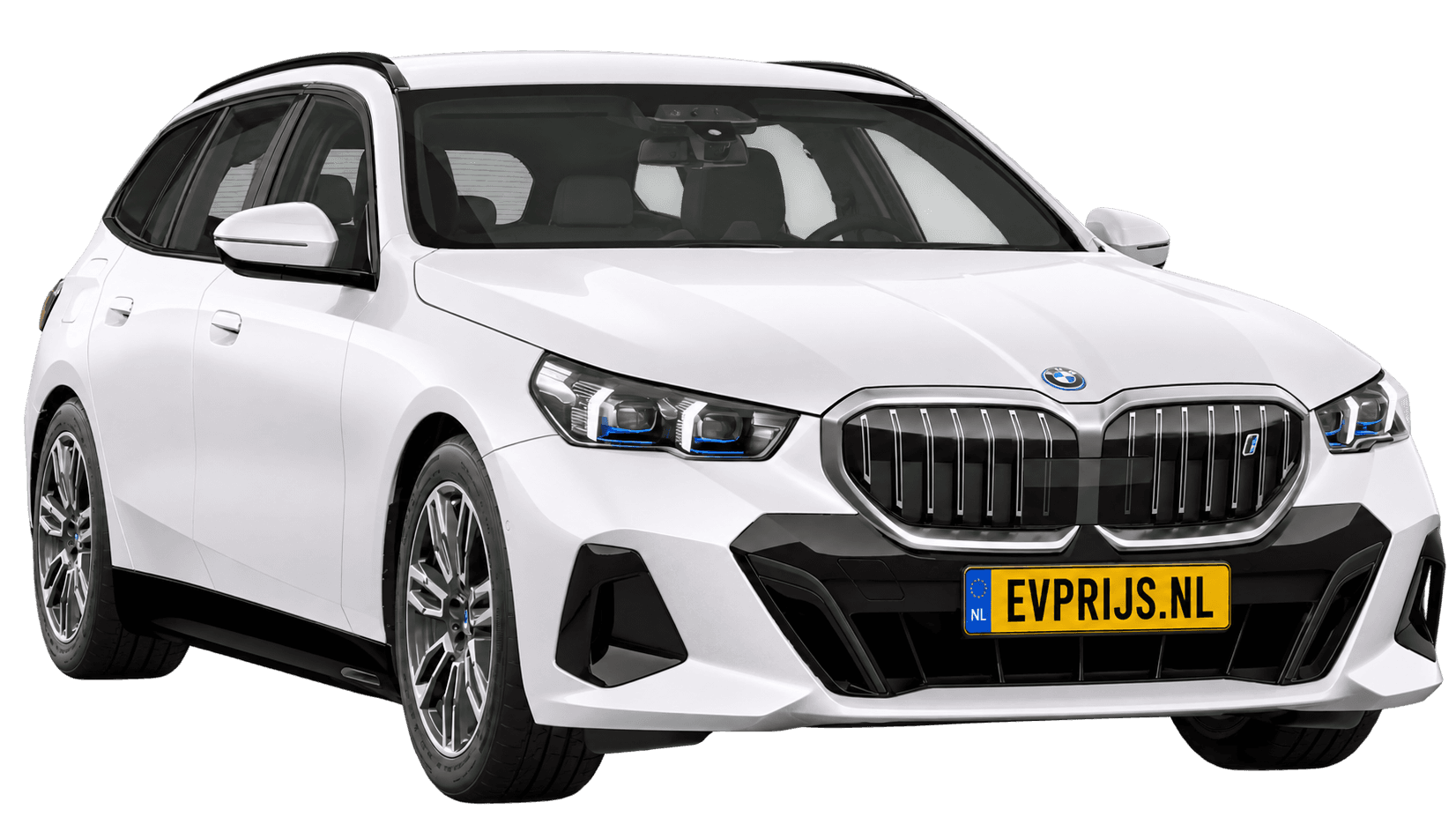 AI-bewerking (Imagegen) van officieel BMW Nederland-configuratorbeeld: i5 Touring M Sport Edition voor-/zijaanzicht in Mineralweiss metallic (configuratie BMW i5 eDrive40 Touring M Sport Edition); velgen en details kunnen per uitvoering afwijken, beeld 7