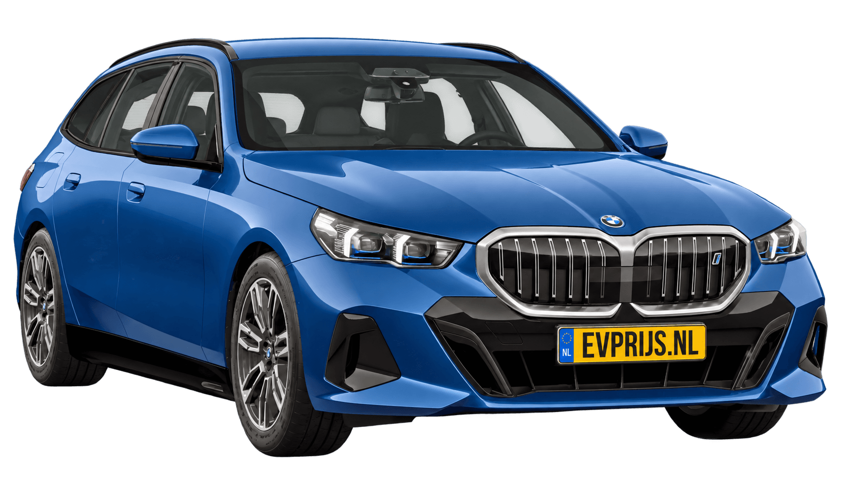 AI-bewerking (Imagegen) van officieel BMW Nederland-configuratorbeeld: i5 Touring M Sport Edition voor-/zijaanzicht in Phytonicblau metallic (configuratie BMW i5 eDrive40 Touring M Sport Edition); kleurverzadiging kan afwijken; velgen en details kunnen per uitvoering afwijken, beeld 8