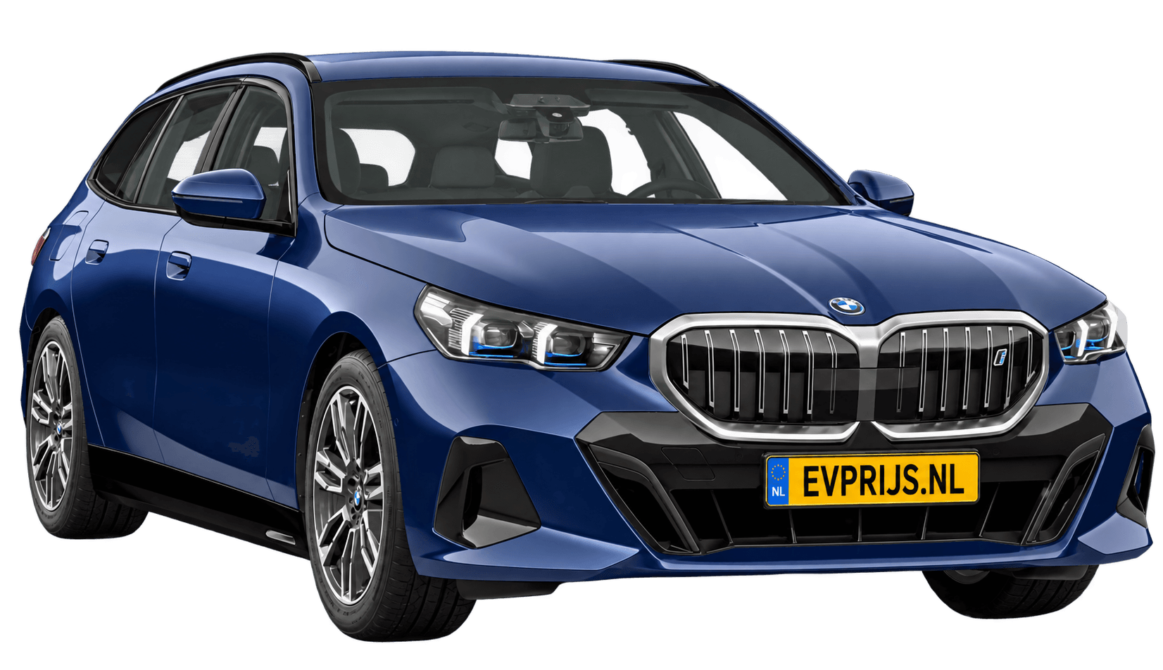 AI-bewerking (Imagegen) van officieel BMW Nederland-configuratorbeeld: i5 Touring M Sport Edition voor-/zijaanzicht in BMW Individual Tansanit metallic (configuratie BMW i5 eDrive40 Touring M Sport Edition); kleurverzadiging kan afwijken; velgen en details kunnen per uitvoering afwijken, beeld 12