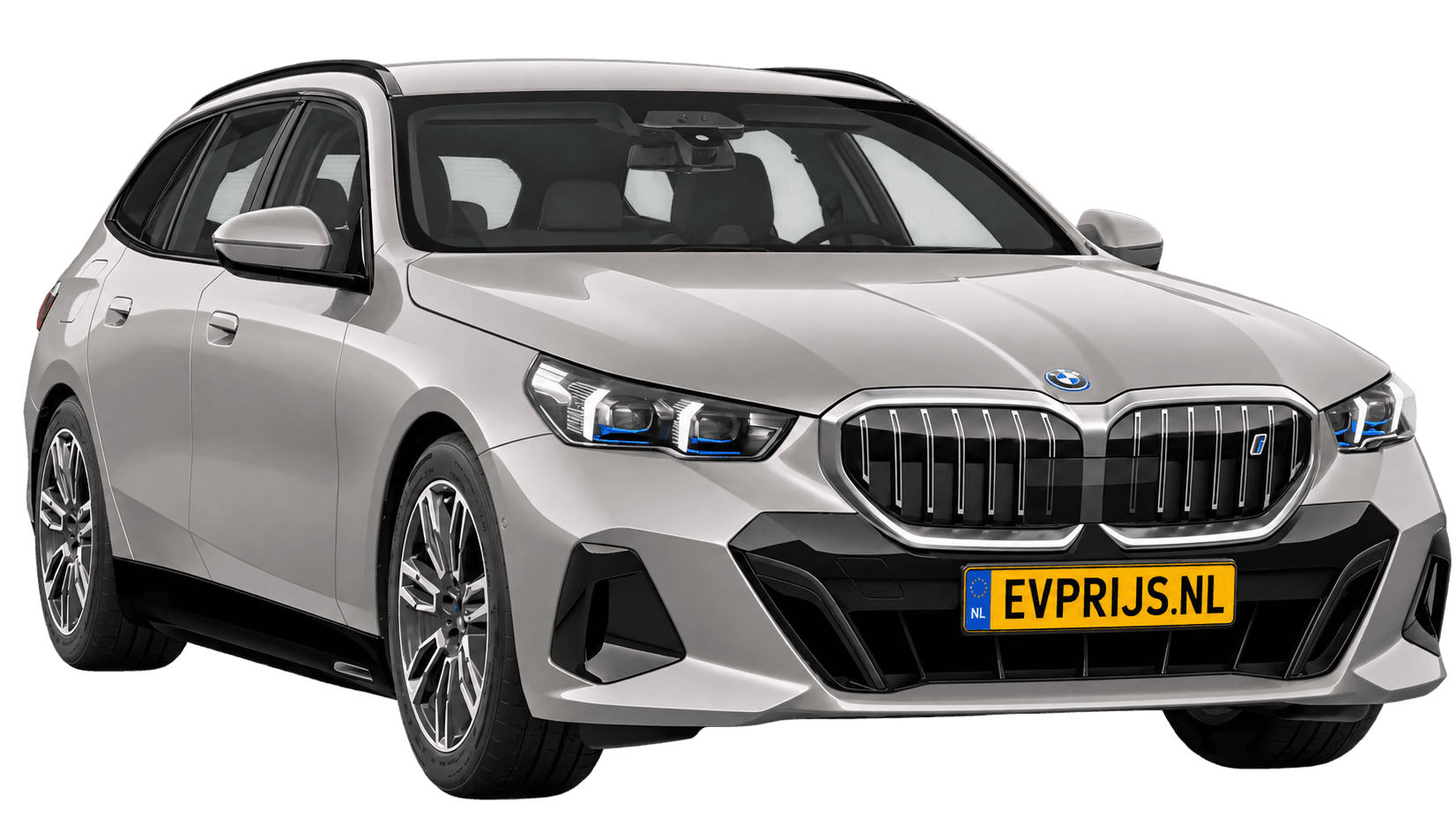 AI-bewerking (Imagegen) van officieel BMW Nederland-configuratorbeeld: i5 Touring M Sport Edition voor-/zijaanzicht in Oxidgrau metallic (configuratie BMW i5 eDrive40 Touring M Sport Edition); velgen en details kunnen per uitvoering afwijken, beeld 9