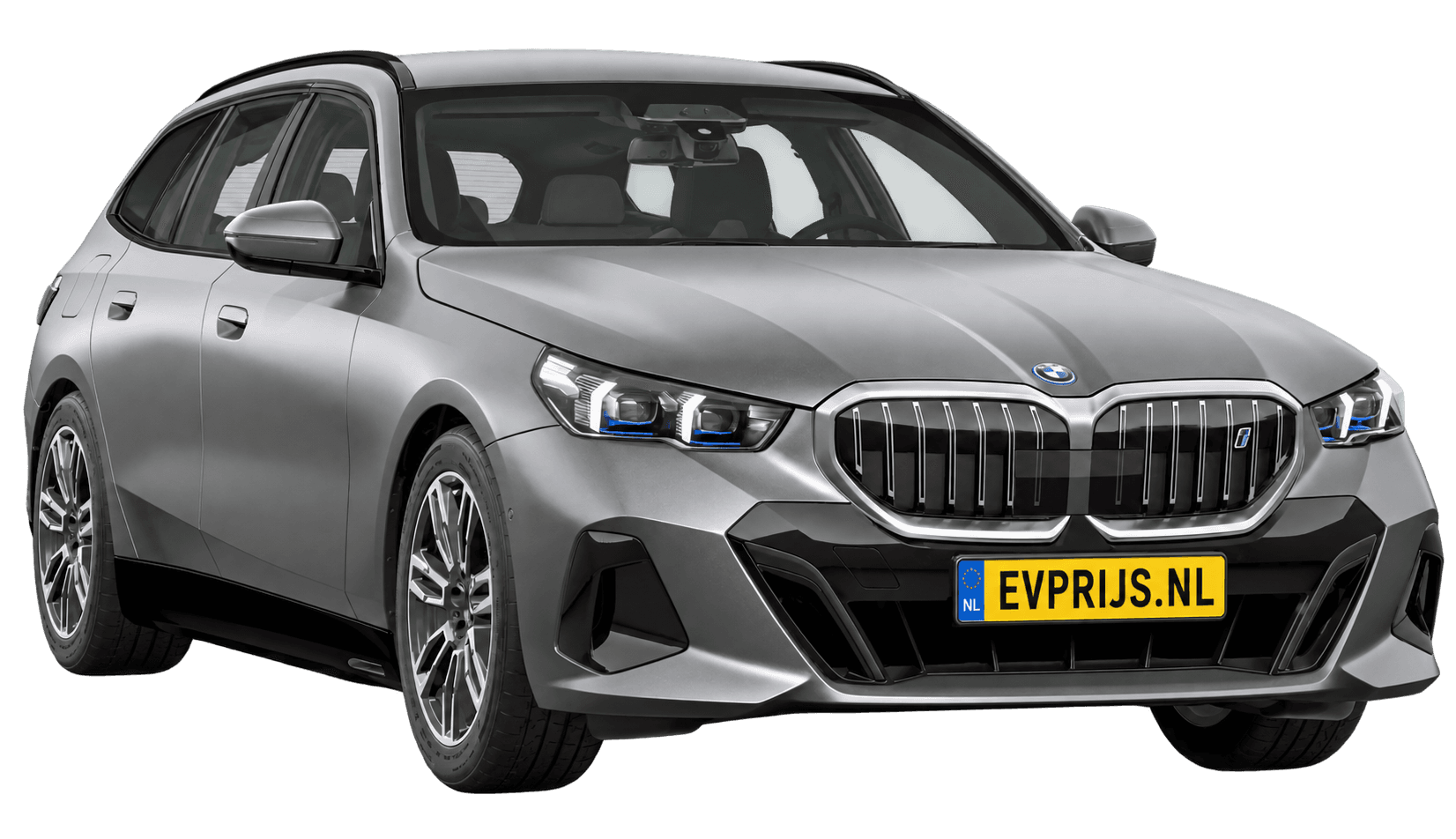 AI-bewerking (Imagegen) van officieel BMW Nederland-configuratorbeeld: i5 Touring M Sport Edition voor-/zijaanzicht in BMW Individual Frozen Pure Grey metallic (configuratie BMW i5 eDrive40 Touring M Sport Edition); velgen en details kunnen per uitvoering afwijken, beeld 13
