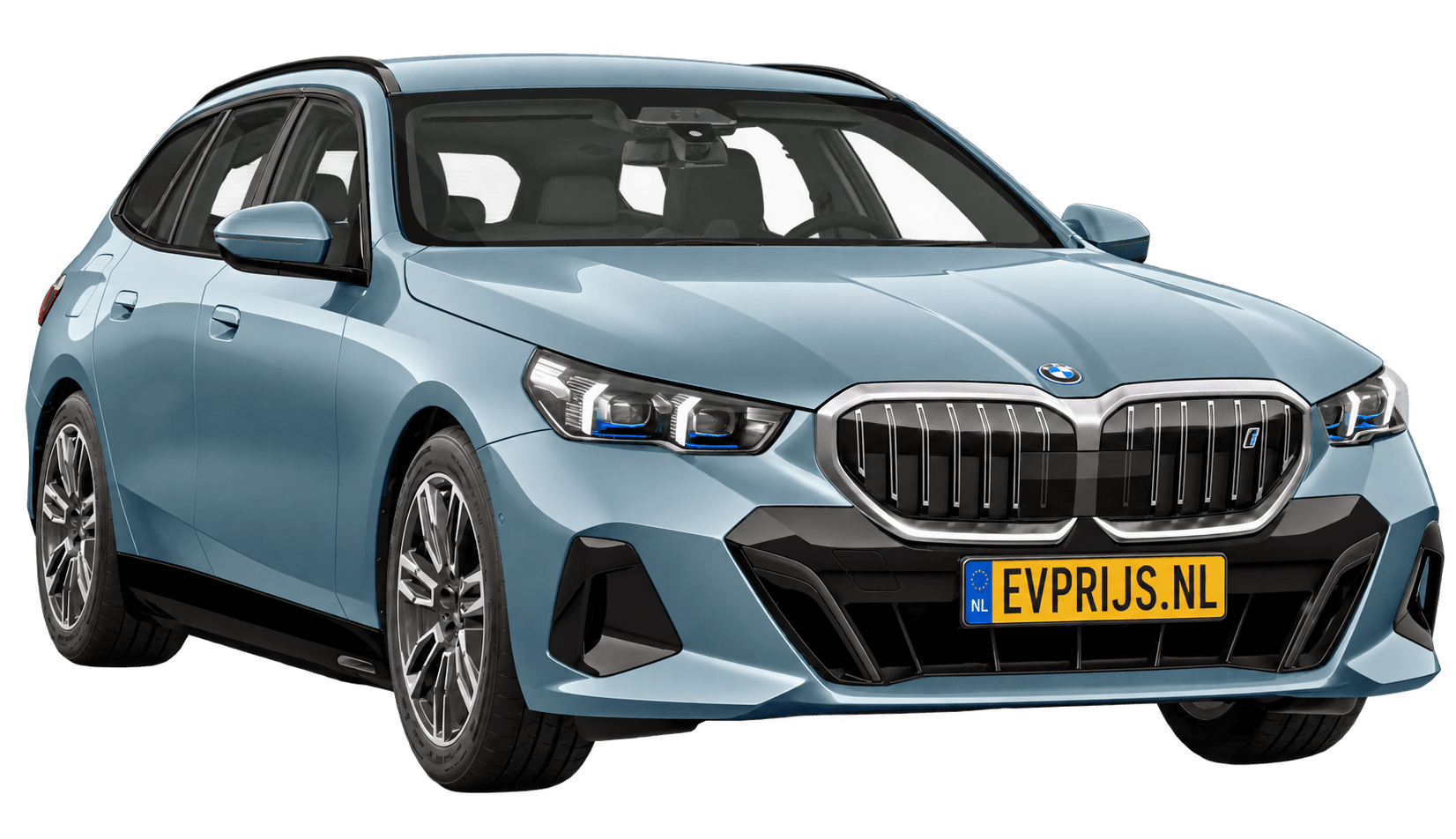 AI-bewerking (Imagegen) van officieel BMW Nederland-configuratorbeeld: i5 Touring M Sport Edition voor-/zijaanzicht in Cape York Green metallic (configuratie BMW i5 eDrive40 Touring M Sport Edition); kleurverzadiging kan afwijken; velgen en details kunnen per uitvoering afwijken, beeld 1