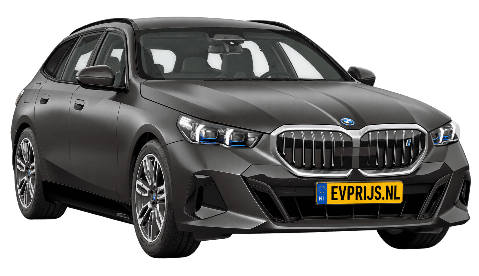 AI-bewerking (Imagegen) van officieel BMW Nederland-configuratorbeeld: i5 Touring M Sport Edition voor-/zijaanzicht in BMW Individual Frozen Deep Grey metallic (configuratie BMW i5 eDrive40 Touring M Sport Edition); velgen en details kunnen per uitvoering afwijken, beeld 14