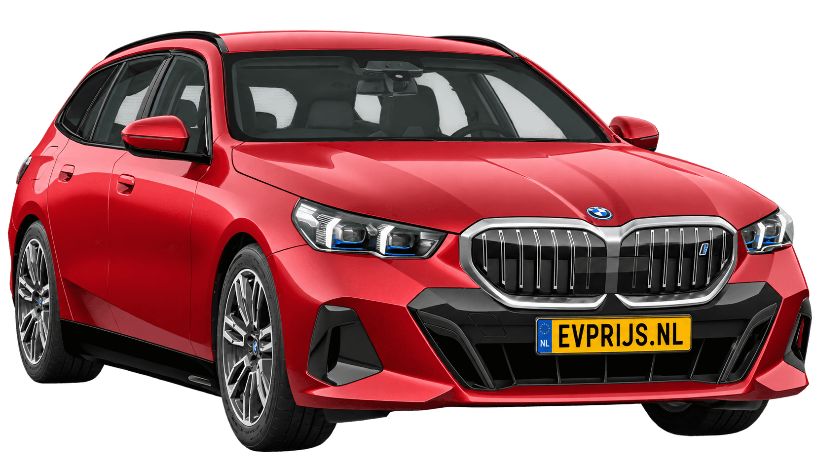 AI-bewerking (Imagegen) van officieel BMW Nederland-configuratorbeeld: i5 Touring M Sport Edition voor-/zijaanzicht in Fire Rot metallic (configuratie BMW i5 eDrive40 Touring M Sport Edition); kleurverzadiging kan afwijken; velgen en details kunnen per uitvoering afwijken, beeld 11