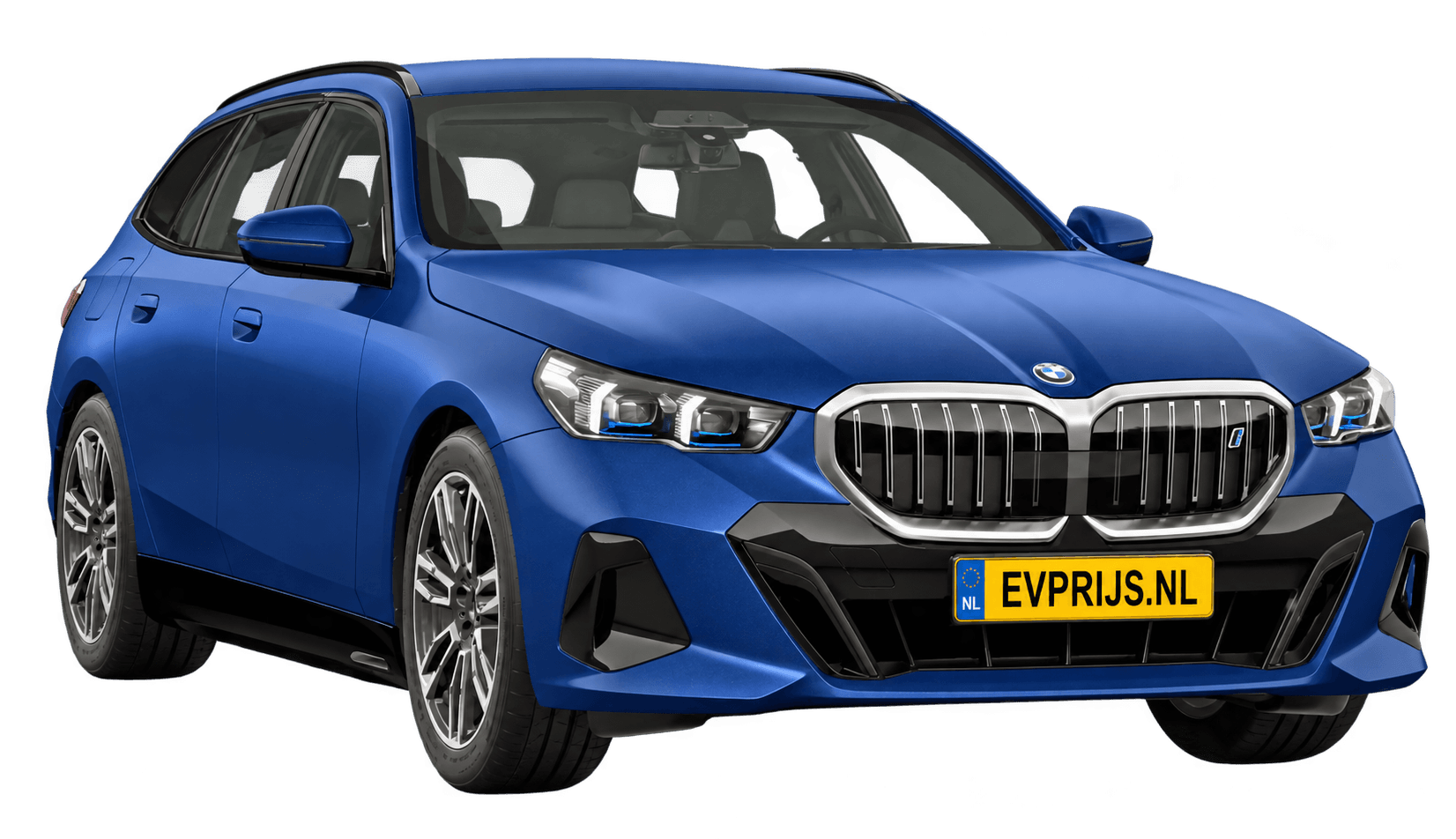 AI-bewerking (Imagegen) van officieel BMW Nederland-configuratorbeeld: i5 Touring M Sport Edition voor-/zijaanzicht in BMW Individual Frozen Portimao Blau metallic (configuratie BMW i5 eDrive40 Touring M Sport Edition); kleurverzadiging kan afwijken; velgen en details kunnen per uitvoering afwijken, beeld 15