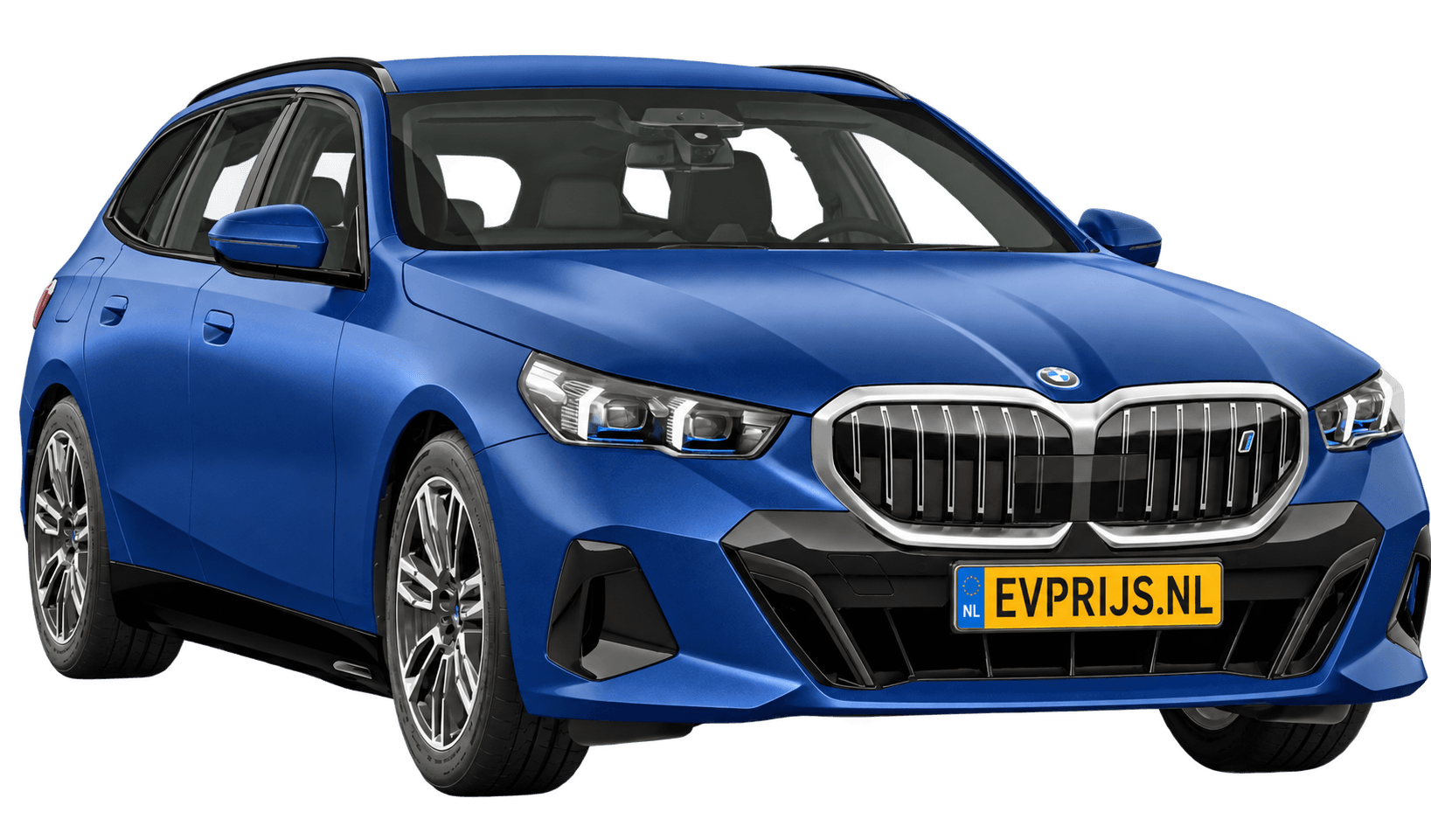AI-bewerking (Imagegen) van officieel BMW Nederland-configuratorbeeld: i5 Touring voor-/zijaanzicht in BMW Individual Frozen Portimao Blau metallic (configuratie BMW i5 eDrive40 Touring Standaarduitvoering); kleurverzadiging kan afwijken; velgen en details kunnen per uitvoering afwijken, beeld 14