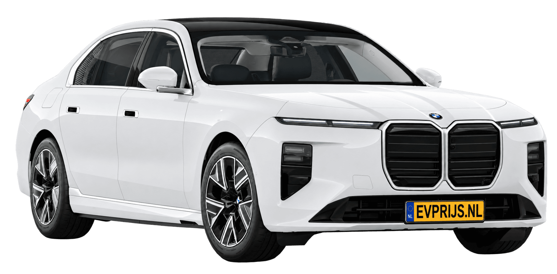 AI-bewerking (Imagegen) van officieel BMW Nederland-configuratorbeeld: i7 voor-/zijaanzicht in Alpinweiss (configuratie BMW i7 50 xDrive Sedan Standaarduitvoering); velgen en details kunnen per uitvoering afwijken, beeld 21