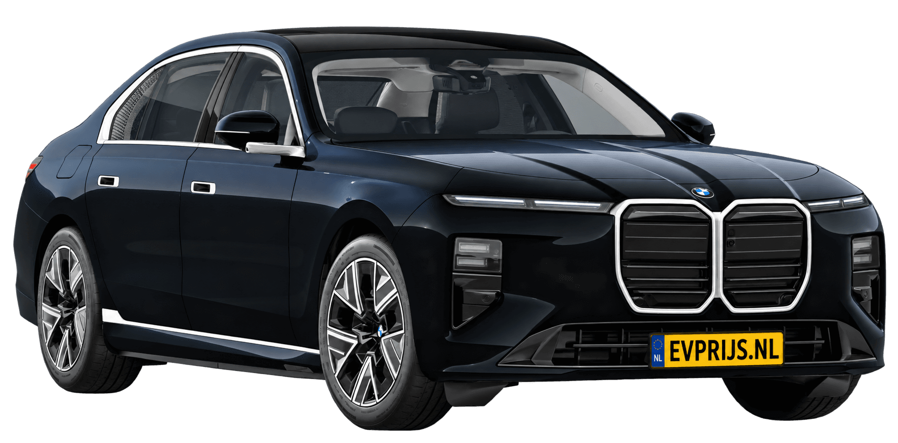 AI-bewerking (Imagegen) van officieel BMW Nederland-configuratorbeeld: i7 voor-/zijaanzicht in M Carbonschwarz metallic (configuratie BMW i7 50 xDrive Sedan Standaarduitvoering); velgen en details kunnen per uitvoering afwijken, beeld 3