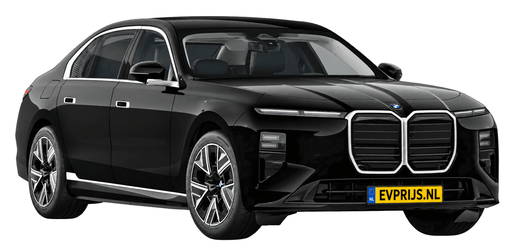 AI-bewerking (Imagegen) van officieel BMW Nederland-configuratorbeeld: i7 voor-/zijaanzicht in Saphirschwarz metallic (configuratie BMW i7 50 xDrive Sedan Standaarduitvoering); velgen en details kunnen per uitvoering afwijken, beeld 4