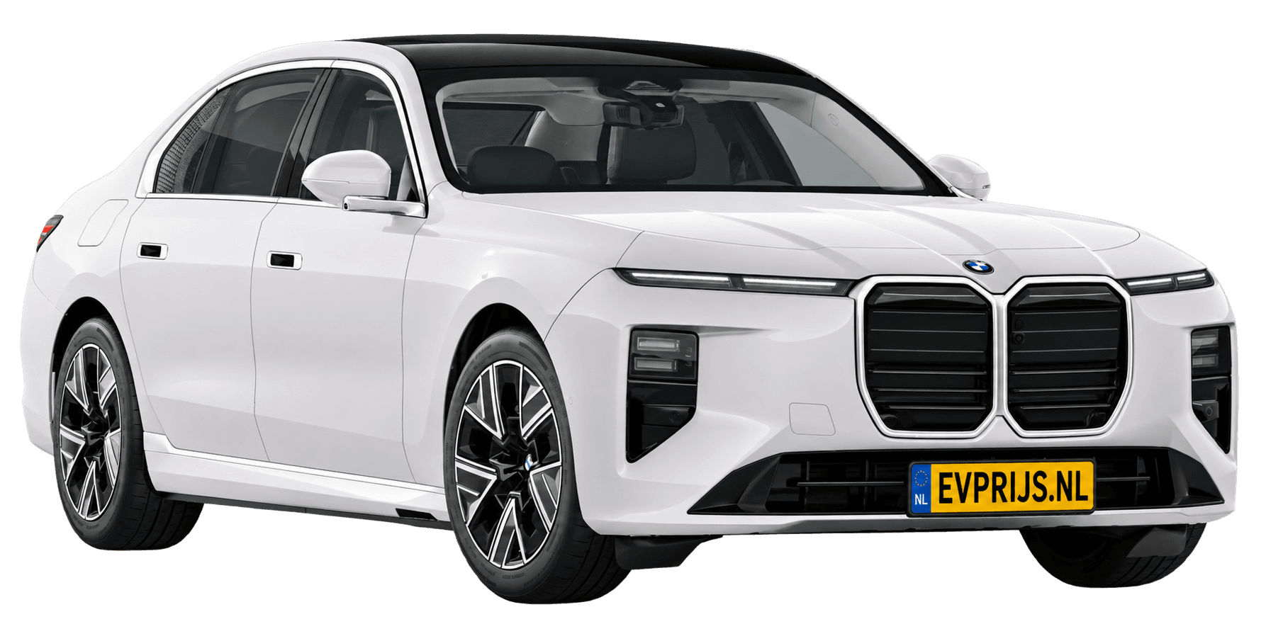 AI-bewerking (Imagegen) van officieel BMW Nederland-configuratorbeeld: i7 voor-/zijaanzicht in Mineralweiss metallic (configuratie BMW i7 50 xDrive Sedan Standaarduitvoering); velgen en details kunnen per uitvoering afwijken, beeld 5