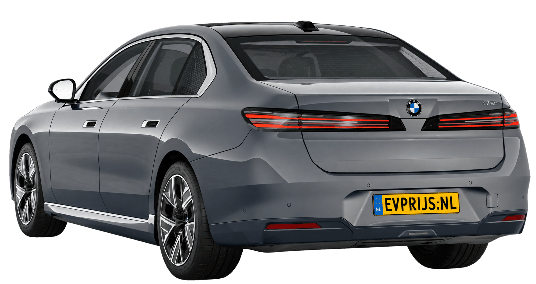 AI-bewerking (Imagegen) van officieel BMW Nederland-configuratorbeeld: i7 achter-/zijaanzicht in BMW Individual Dravitgrau (configuratie BMW i7 50 xDrive Sedan Standaarduitvoering, door de configurator aangepast voor deze lak); velgen en details kunnen per uitvoering afwijken, beeld 2