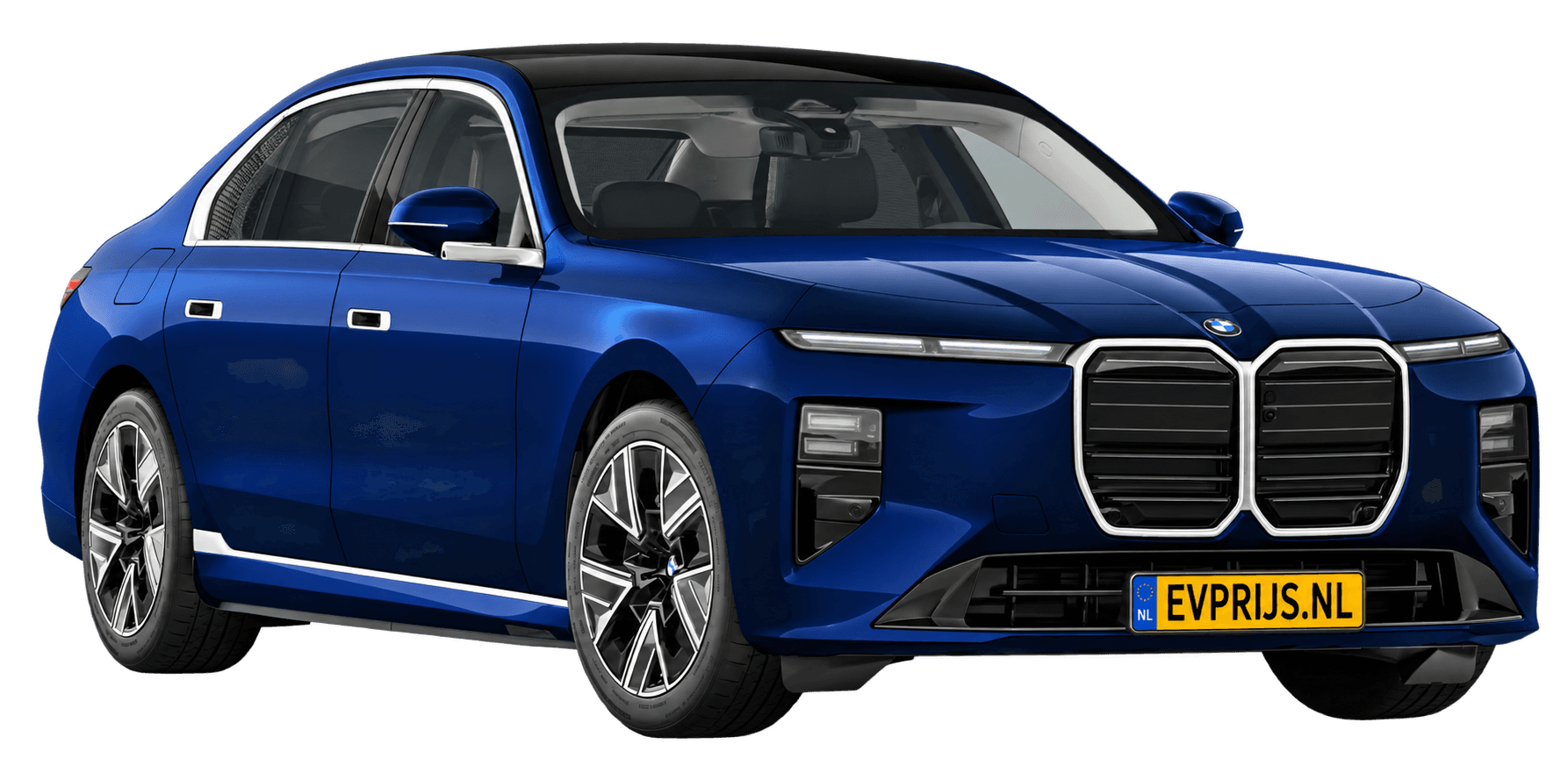 AI-bewerking (Imagegen) van officieel BMW Nederland-configuratorbeeld: i7 voor-/zijaanzicht in BMW Individual Tansanit metallic (configuratie BMW i7 50 xDrive Sedan Standaarduitvoering); kleurverzadiging kan afwijken; velgen en details kunnen per uitvoering afwijken, beeld 10