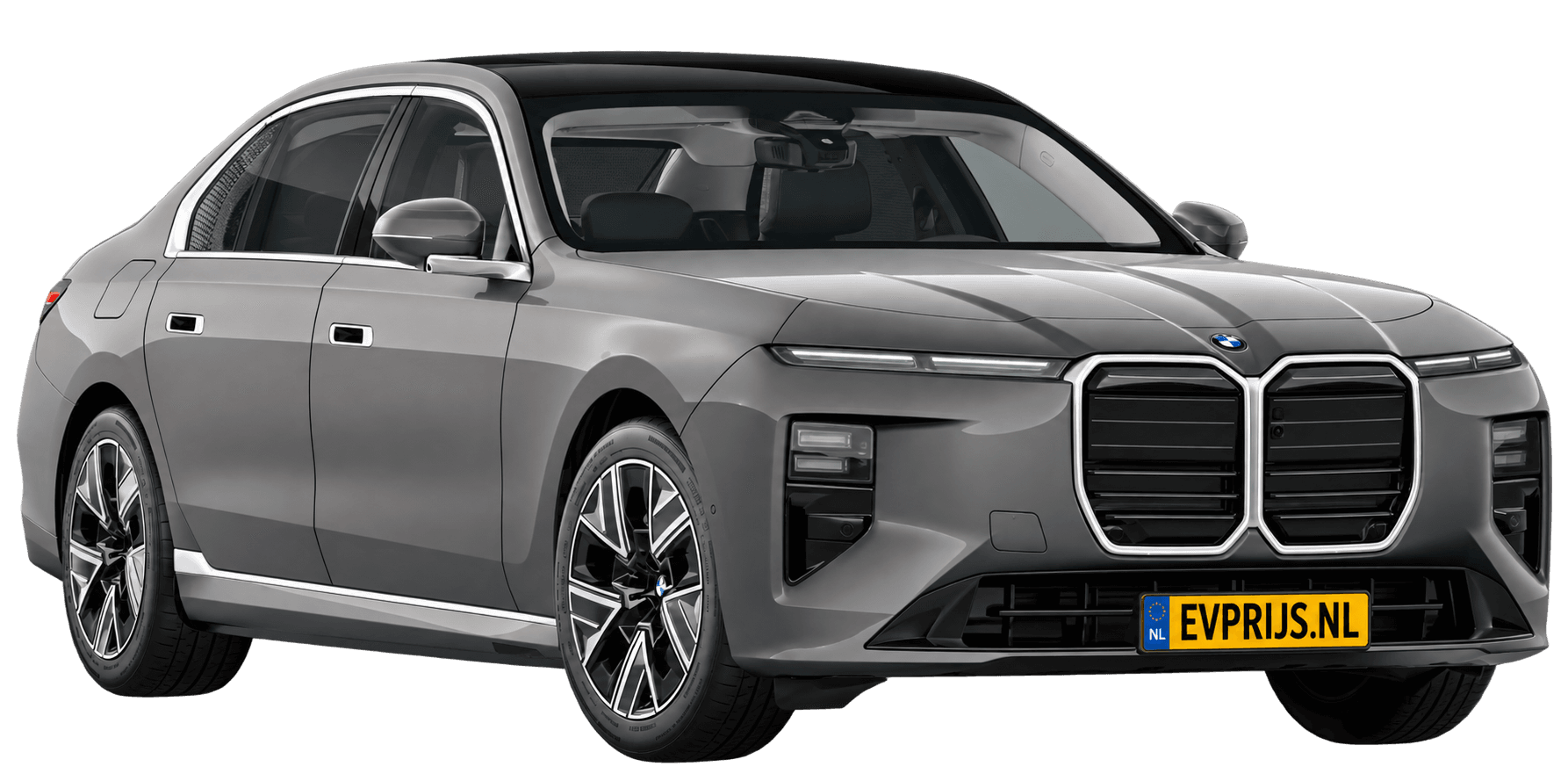 AI-bewerking (Imagegen) van officieel BMW Nederland-configuratorbeeld: i7 voor-/zijaanzicht in Oxidgrau metallic (configuratie BMW i7 50 xDrive Sedan Standaarduitvoering); velgen en details kunnen per uitvoering afwijken, beeld 6