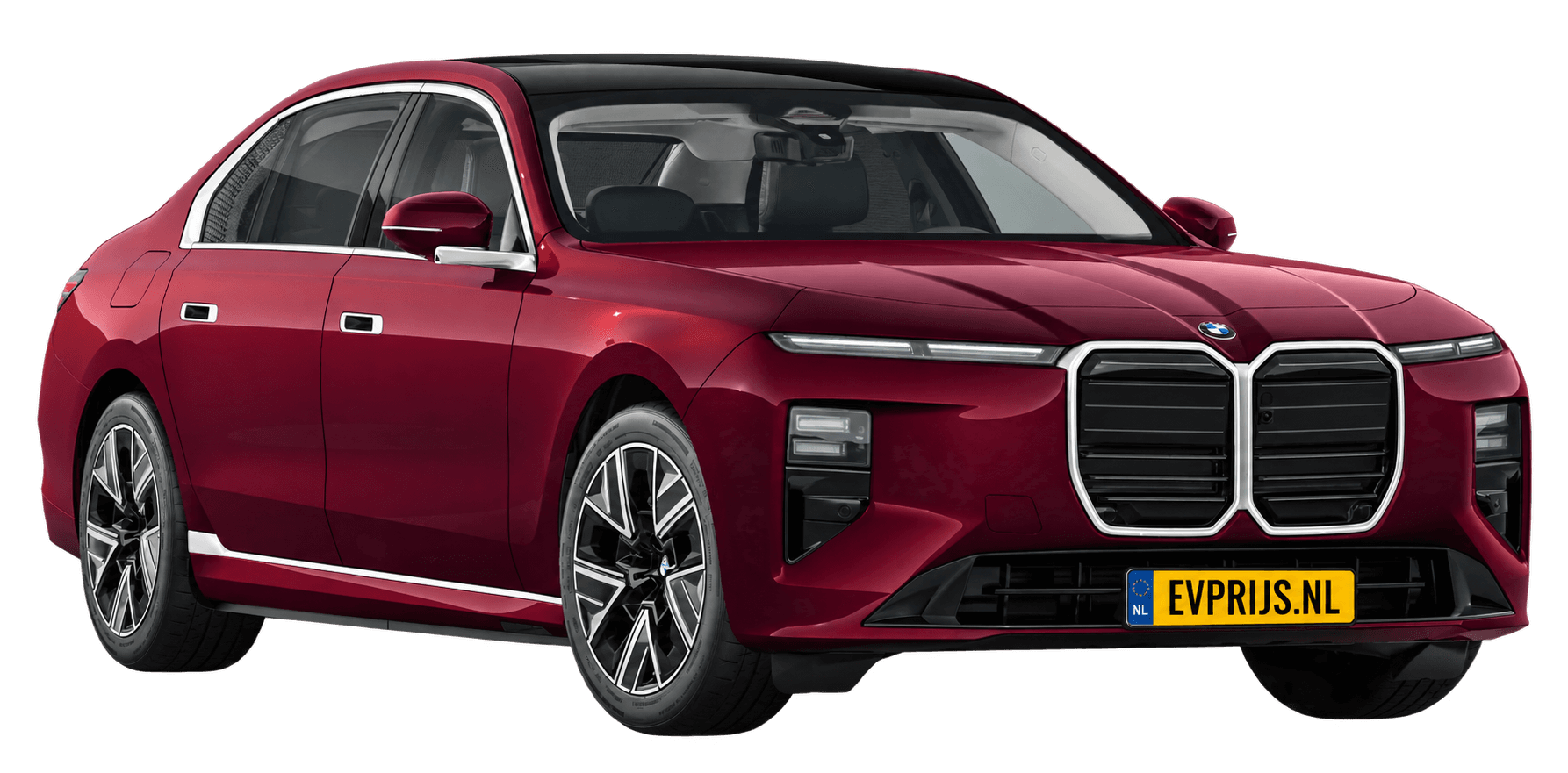 AI-bewerking (Imagegen) van officieel BMW Nederland-configuratorbeeld: i7 voor-/zijaanzicht in Aventurinrot III metallic (configuratie BMW i7 50 xDrive Sedan Standaarduitvoering); kleurverzadiging kan afwijken; velgen en details kunnen per uitvoering afwijken, beeld 8