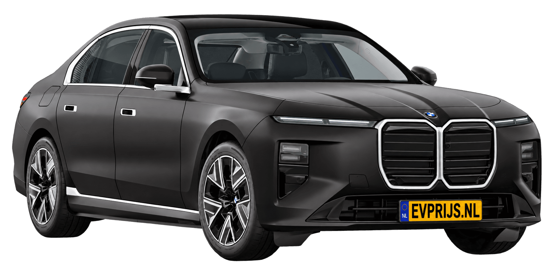 AI-bewerking (Imagegen) van officieel BMW Nederland-configuratorbeeld: i7 voor-/zijaanzicht in BMW Individual Frozen Deep Grey metallic (configuratie BMW i7 50 xDrive Sedan Standaarduitvoering); velgen en details kunnen per uitvoering afwijken, beeld 11