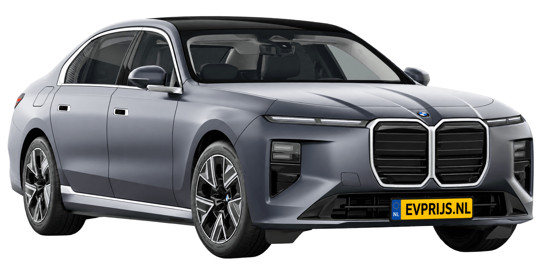 AI-bewerking (Imagegen) van officieel BMW Nederland-configuratorbeeld: i7 voor-/zijaanzicht in Frozen Space Silver metallic (configuratie BMW i7 50 xDrive Sedan Standaarduitvoering); velgen en details kunnen per uitvoering afwijken, beeld 12