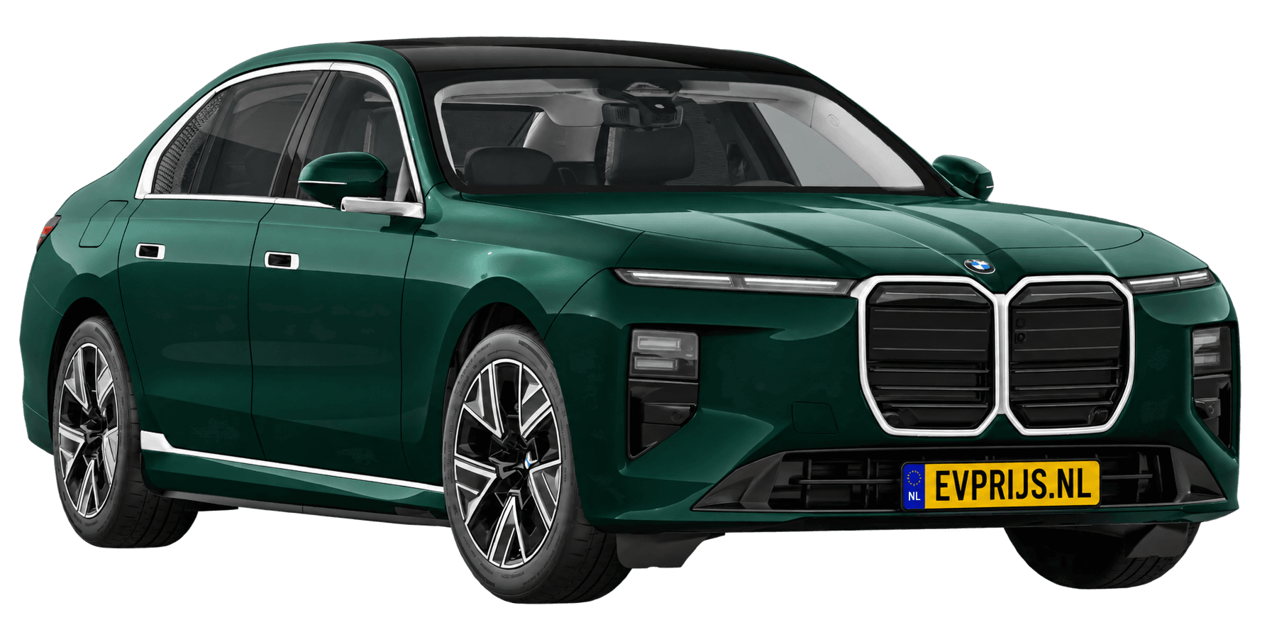 AI-bewerking (Imagegen) van officieel BMW Nederland-configuratorbeeld: i7 voor-/zijaanzicht in Vancouver Green metallic (configuratie BMW i7 50 xDrive Sedan Standaarduitvoering); kleurverzadiging kan afwijken; velgen en details kunnen per uitvoering afwijken, beeld 9