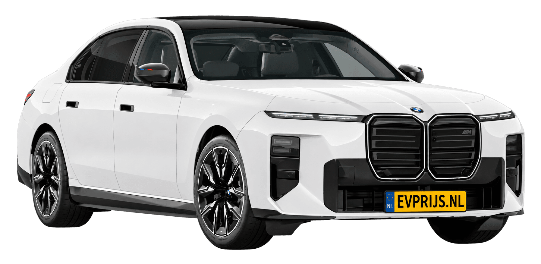 AI-bewerking (Imagegen) van officieel BMW Nederland-configuratorbeeld: i7 M70 xDrive voor-/zijaanzicht in Alpinweiss (configuratie BMW i7 M70 xDrive Sedan BMW M model(len)); velgen en details kunnen per uitvoering afwijken, beeld 3