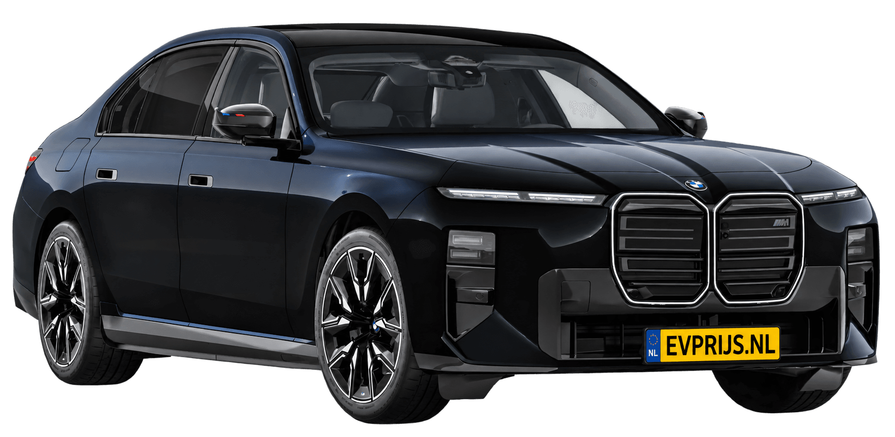 AI-bewerking (Imagegen) van officieel BMW Nederland-configuratorbeeld: i7 M70 xDrive voor-/zijaanzicht in M Carbonschwarz metallic (configuratie BMW i7 M70 xDrive Sedan BMW M model(len)); velgen en details kunnen per uitvoering afwijken, beeld 4