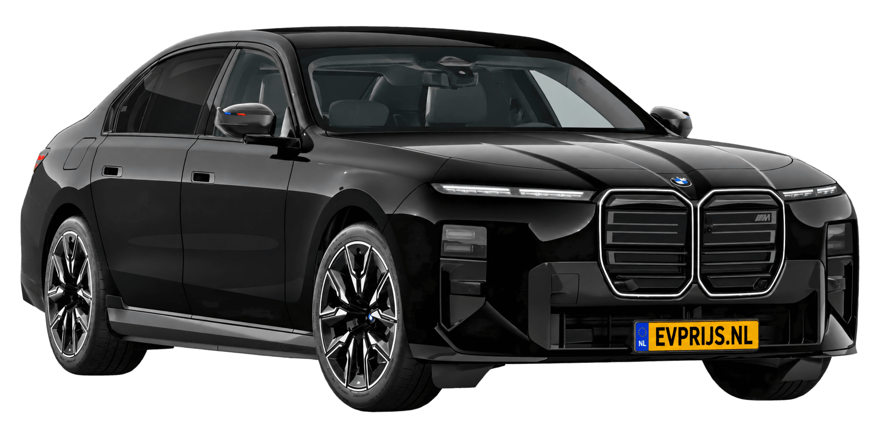 AI-bewerking (Imagegen) van officieel BMW Nederland-configuratorbeeld: i7 M70 xDrive voor-/zijaanzicht in Saphirschwarz metallic (configuratie BMW i7 M70 xDrive Sedan BMW M model(len)); velgen en details kunnen per uitvoering afwijken, beeld 5
