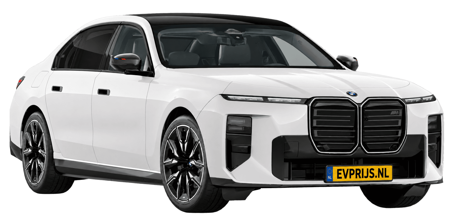 AI-bewerking (Imagegen) van officieel BMW Nederland-configuratorbeeld: i7 M70 xDrive voor-/zijaanzicht in Mineralweiss metallic (configuratie BMW i7 M70 xDrive Sedan BMW M model(len)); velgen en details kunnen per uitvoering afwijken, beeld 6