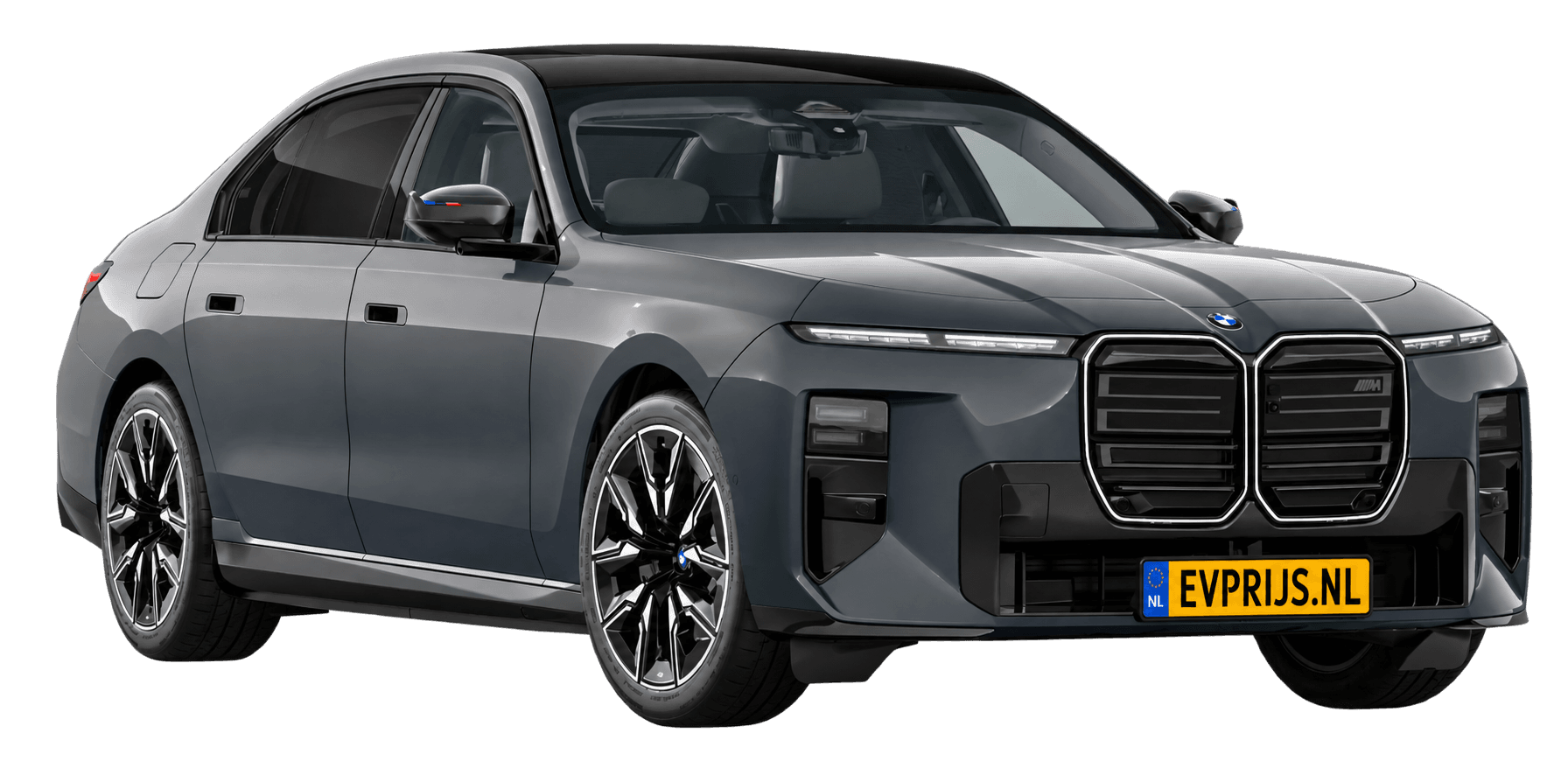 AI-bewerking (Imagegen) van officieel BMW Nederland-configuratorbeeld: i7 M70 xDrive voor-/zijaanzicht in BMW Individual Dravitgrau (configuratie BMW i7 M70 xDrive Sedan BMW M model(len)); velgen en details kunnen per uitvoering afwijken, beeld 10