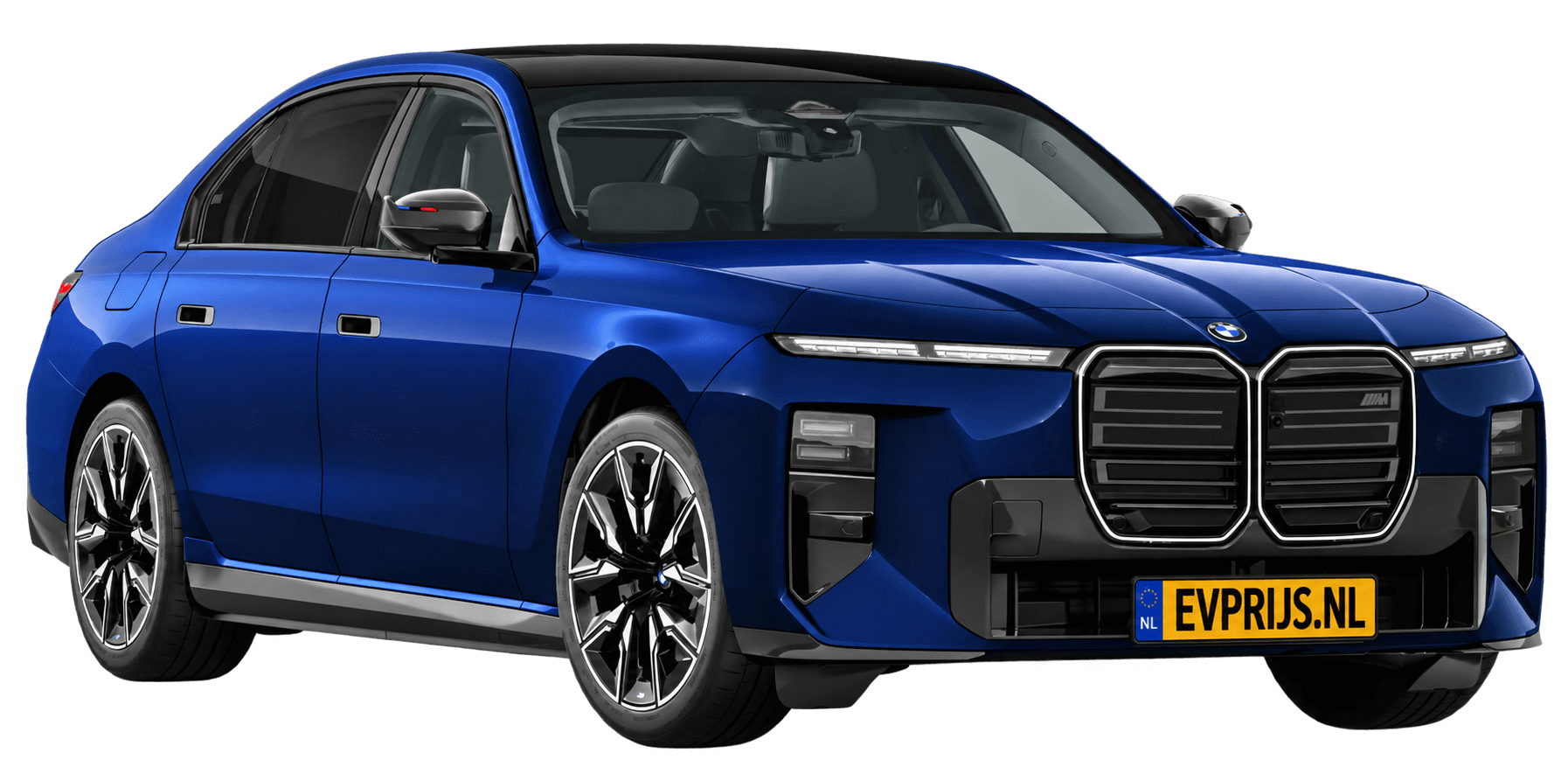 AI-bewerking (Imagegen) van officieel BMW Nederland-configuratorbeeld: i7 M70 xDrive voor-/zijaanzicht in BMW Individual Tansanit metallic (configuratie BMW i7 M70 xDrive Sedan BMW M model(len)); kleurverzadiging kan afwijken; velgen en details kunnen per uitvoering afwijken, beeld 11