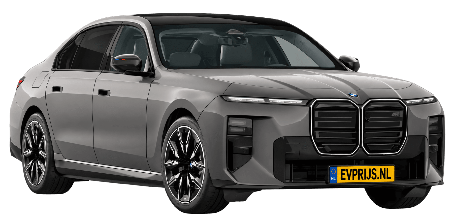 AI-bewerking (Imagegen) van officieel BMW Nederland-configuratorbeeld: i7 M70 xDrive voor-/zijaanzicht in Oxidgrau metallic (configuratie BMW i7 M70 xDrive Sedan BMW M model(len)); velgen en details kunnen per uitvoering afwijken, beeld 7