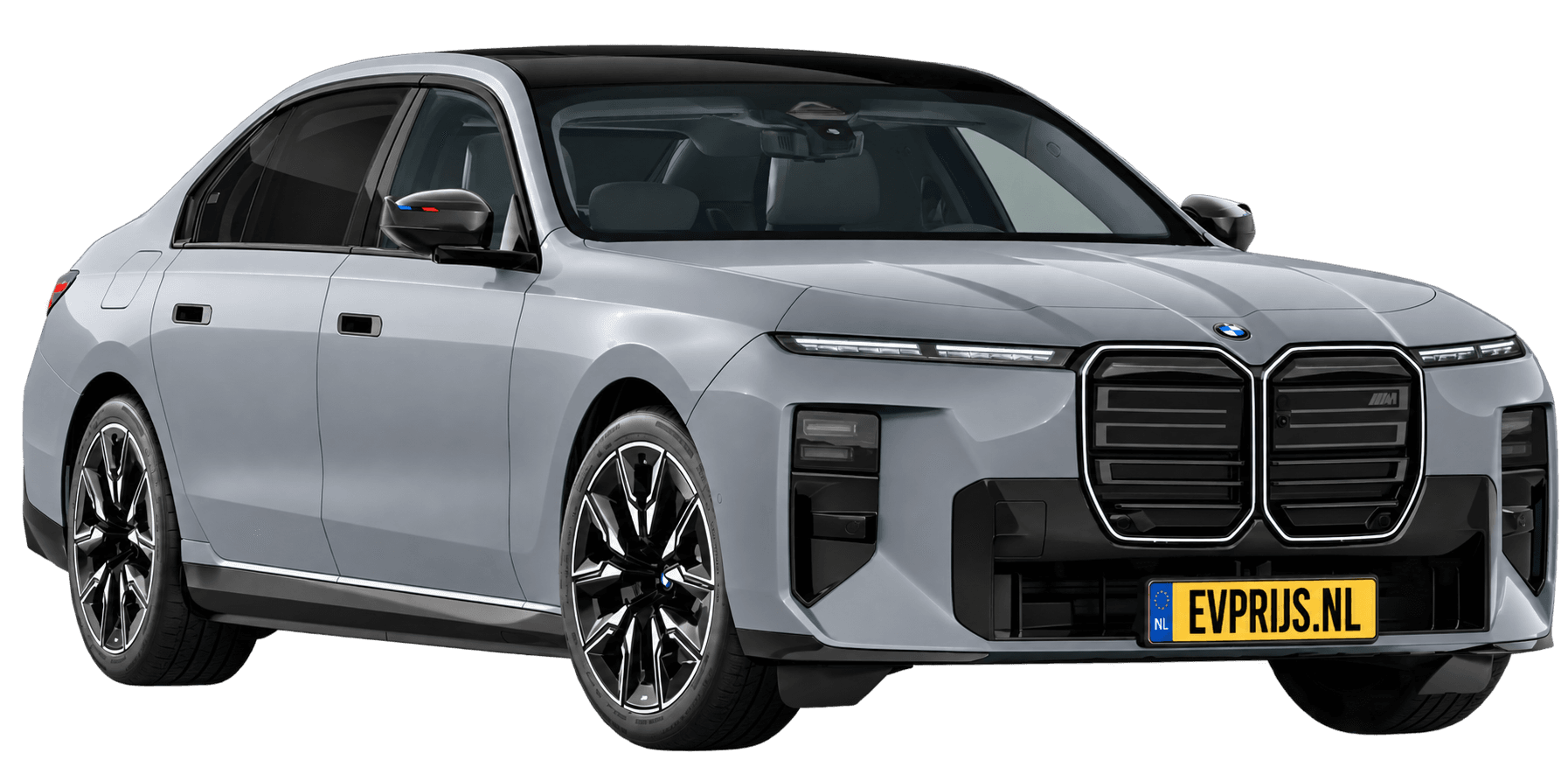 AI-bewerking (Imagegen) van officieel BMW Nederland-configuratorbeeld: i7 M70 xDrive voor-/zijaanzicht in Brooklyn Grau (configuratie BMW i7 M70 xDrive Sedan BMW M model(len)); velgen en details kunnen per uitvoering afwijken, beeld 1