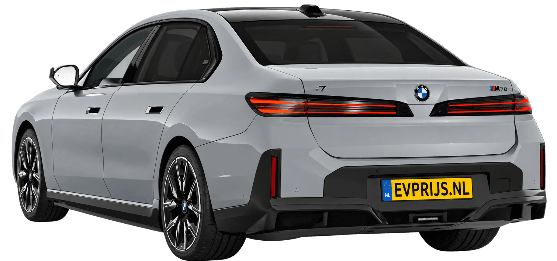 AI-bewerking (Imagegen) van officieel BMW Nederland-configuratorbeeld: i7 M70 xDrive achter-/zijaanzicht in Brooklyn Grau (configuratie BMW i7 M70 xDrive Sedan BMW M model(len)); kleurverzadiging kan afwijken; velgen en details kunnen per uitvoering afwijken, beeld 2