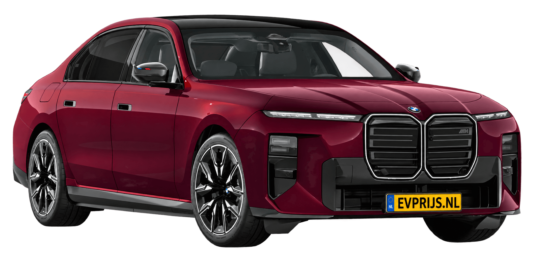 AI-bewerking (Imagegen) van officieel BMW Nederland-configuratorbeeld: i7 M70 xDrive voor-/zijaanzicht in Aventurinrot III metallic (configuratie BMW i7 M70 xDrive Sedan BMW M model(len)); kleurverzadiging kan afwijken; velgen en details kunnen per uitvoering afwijken, beeld 8