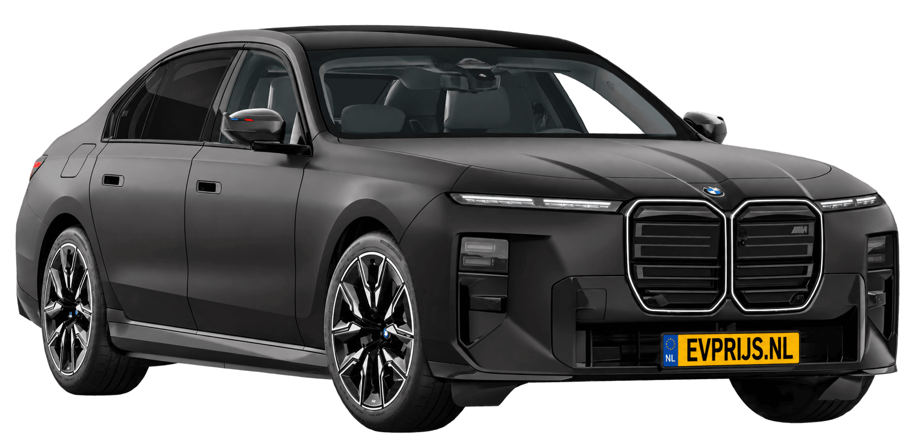 AI-bewerking (Imagegen) van officieel BMW Nederland-configuratorbeeld: i7 M70 xDrive voor-/zijaanzicht in BMW Individual Frozen Deep Grey metallic (configuratie BMW i7 M70 xDrive Sedan BMW M model(len)); velgen en details kunnen per uitvoering afwijken, beeld 12