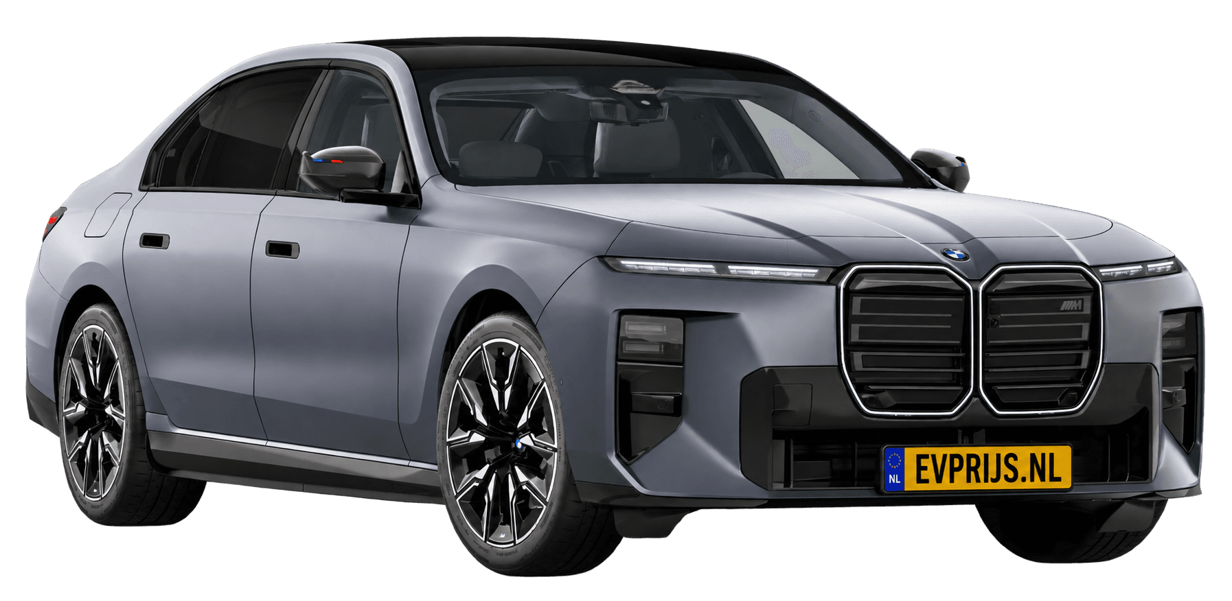 AI-bewerking (Imagegen) van officieel BMW Nederland-configuratorbeeld: i7 M70 xDrive voor-/zijaanzicht in Frozen Space Silver metallic (configuratie BMW i7 M70 xDrive Sedan BMW M model(len)); velgen en details kunnen per uitvoering afwijken, beeld 13