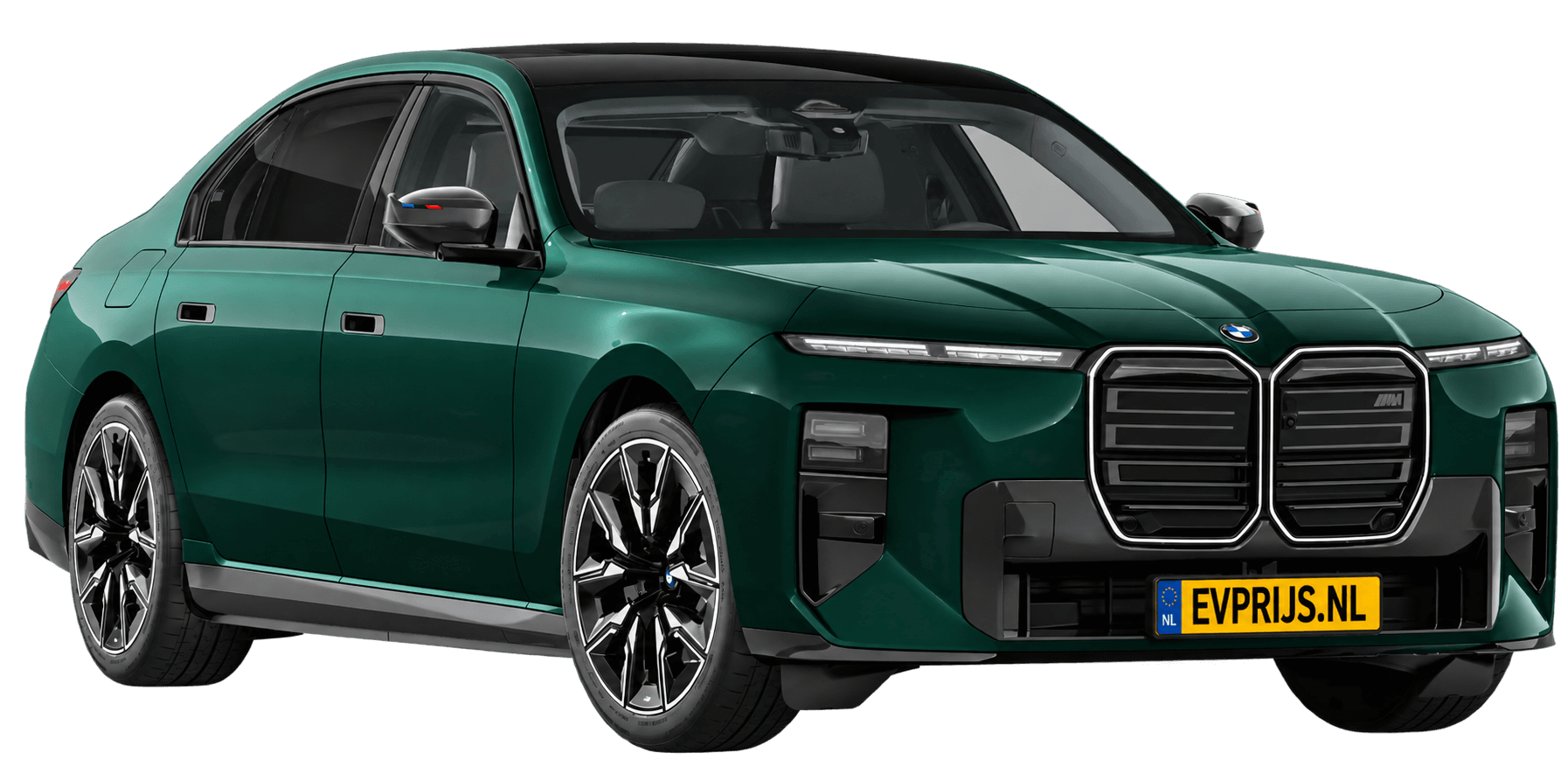 AI-bewerking (Imagegen) van officieel BMW Nederland-configuratorbeeld: i7 M70 xDrive voor-/zijaanzicht in Vancouver Green metallic (configuratie BMW i7 M70 xDrive Sedan BMW M model(len)); kleurverzadiging kan afwijken; velgen en details kunnen per uitvoering afwijken, beeld 9