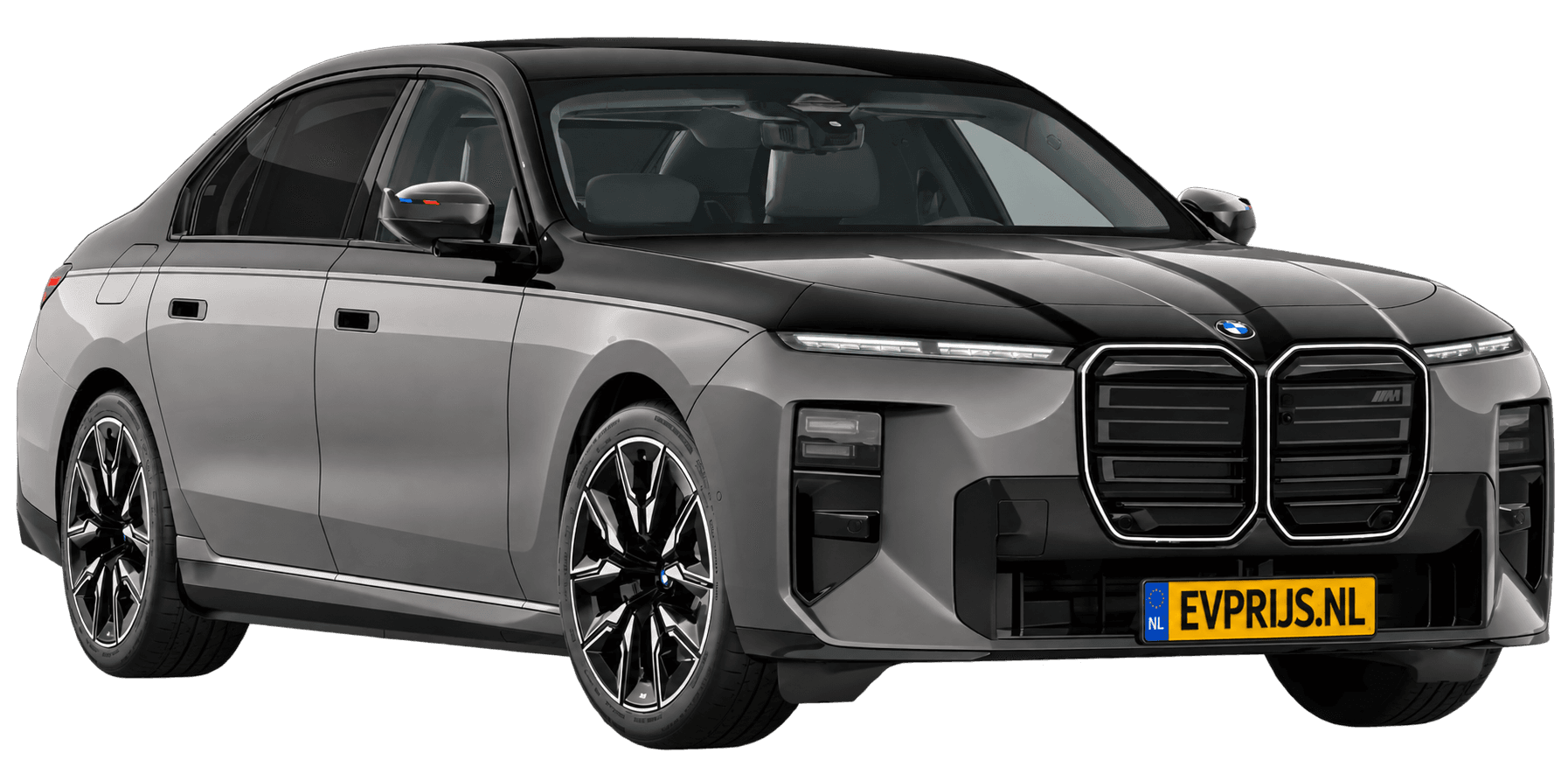 AI-bewerking (Imagegen) van officieel BMW Nederland-configuratorbeeld: i7 M70 xDrive voor-/zijaanzicht in BMW Individual Two Tone Oxidgrau metallic met Saphirschwarz metallic (configuratie BMW i7 M70 xDrive Sedan BMW M model(len)); velgen en details kunnen per uitvoering afwijken, beeld 15
