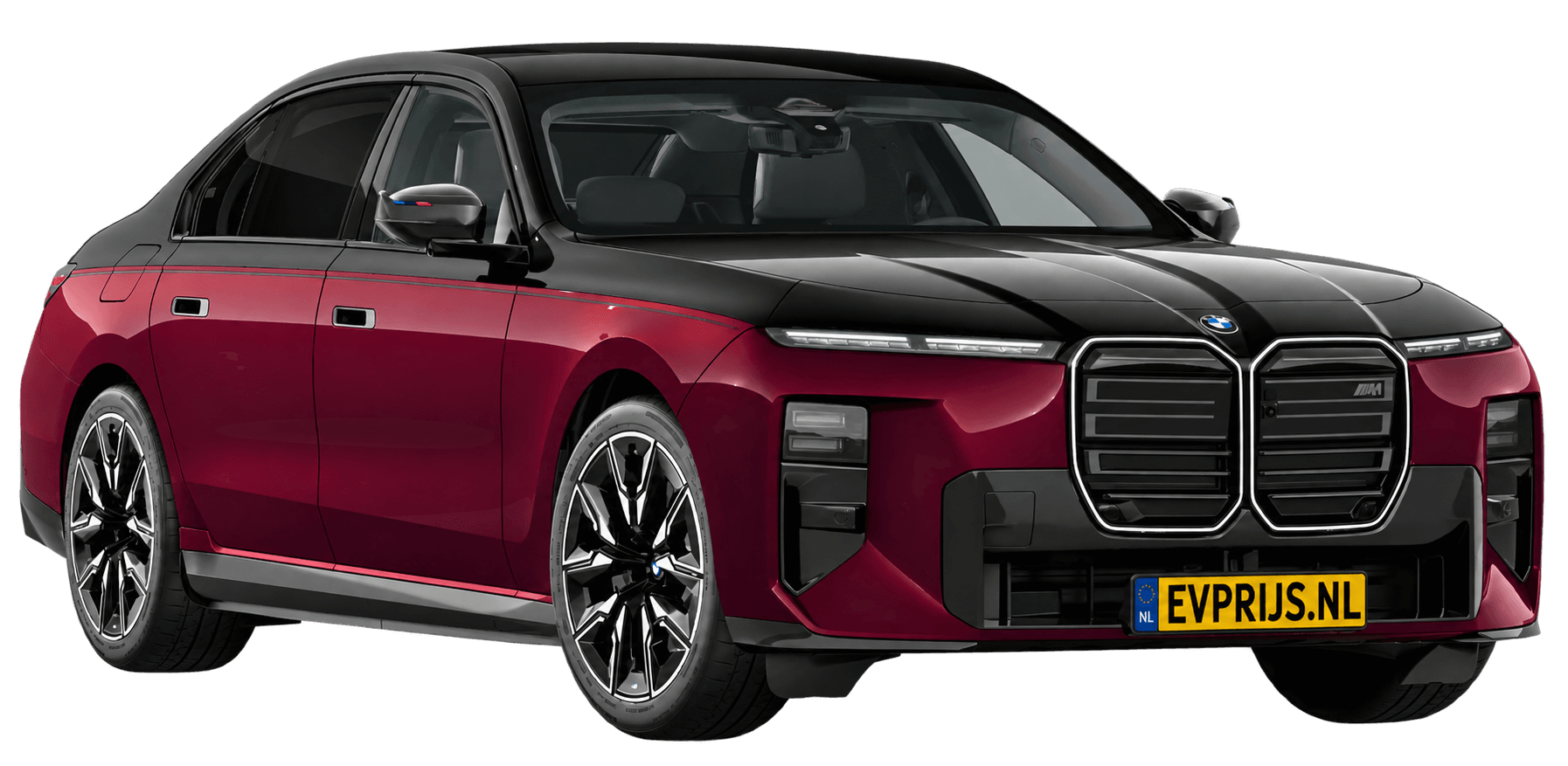 AI-bewerking (Imagegen) van officieel BMW Nederland-configuratorbeeld: i7 M70 xDrive voor-/zijaanzicht in BMW Individual Two Tone Aventurinrot metallic met Saphirschwarz metallic (configuratie BMW i7 M70 xDrive Sedan BMW M model(len)); kleurverzadiging kan afwijken; velgen en details kunnen per uitvoering afwijken, beeld 16